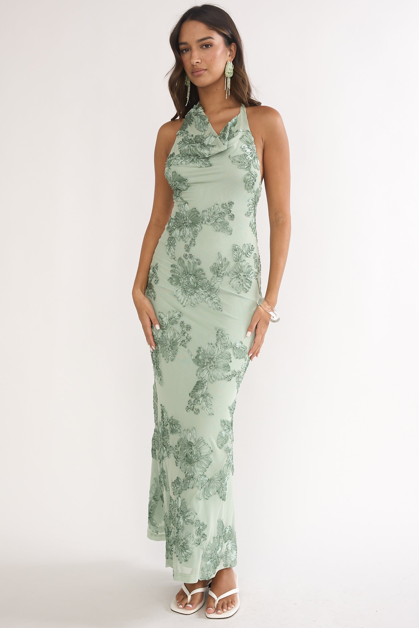 Kirralee Asymmetric Halterneck Embellished Maxi Dress Aqua Green-Maymioy