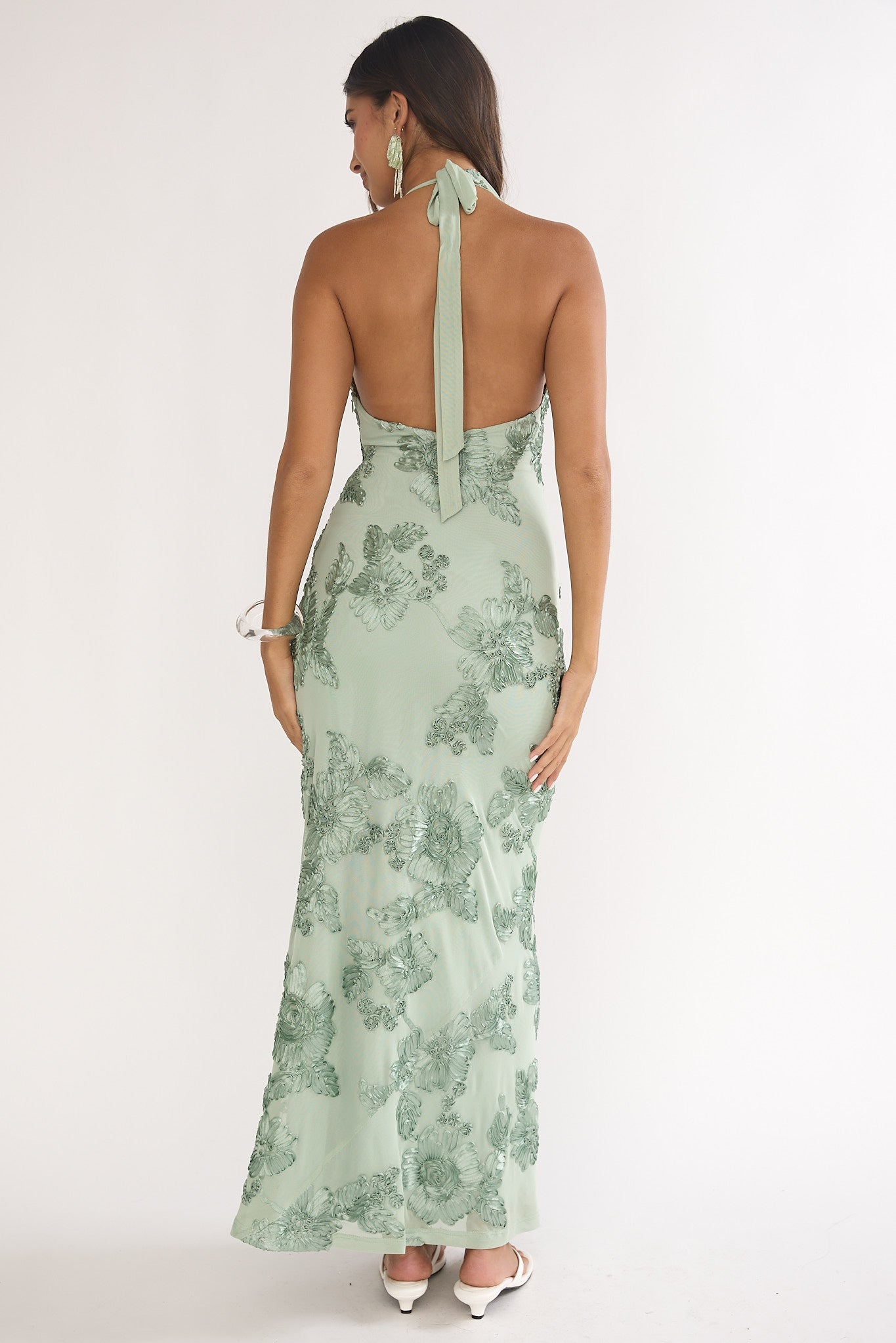 Kirralee Asymmetric Halterneck Embellished Maxi Dress Aqua Green-Maymioy