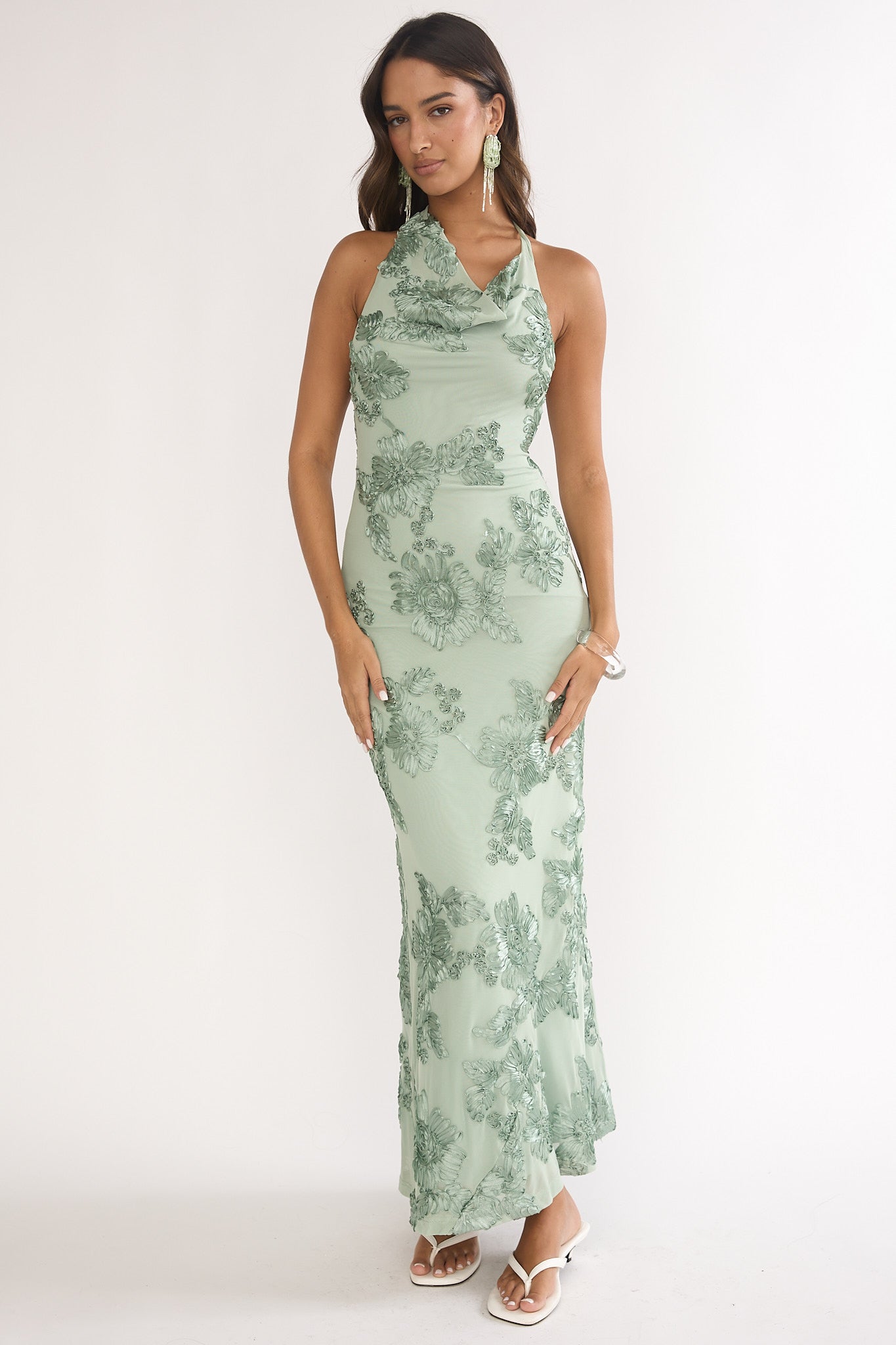 Kirralee Asymmetric Halterneck Embellished Maxi Dress Aqua Green-Maymioy