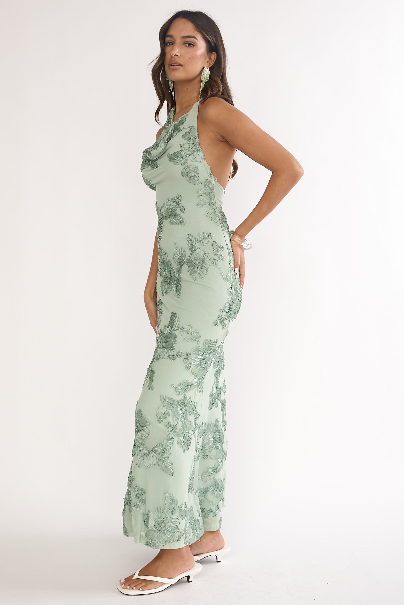 Kirralee Asymmetric Halterneck Embellished Maxi Dress Aqua Green-Maymioy