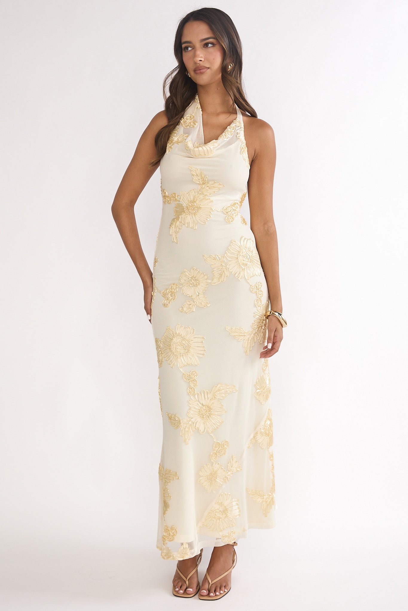 Kirralee Asymmetric Halterneck Embellished Maxi Dress Yellow-Maymioy