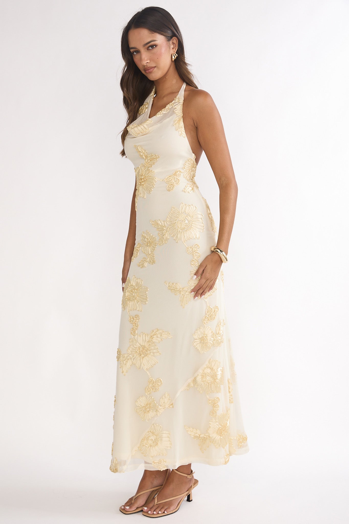 Kirralee Asymmetric Halterneck Embellished Maxi Dress Yellow-Maymioy
