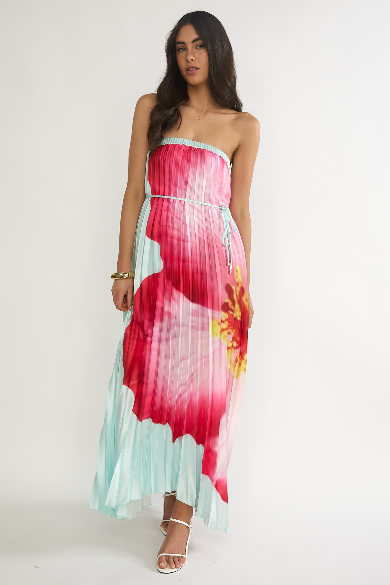 Lauriella Strapless Accordion Pleat Maxi Dress Hibiscus Mint-Maymioy