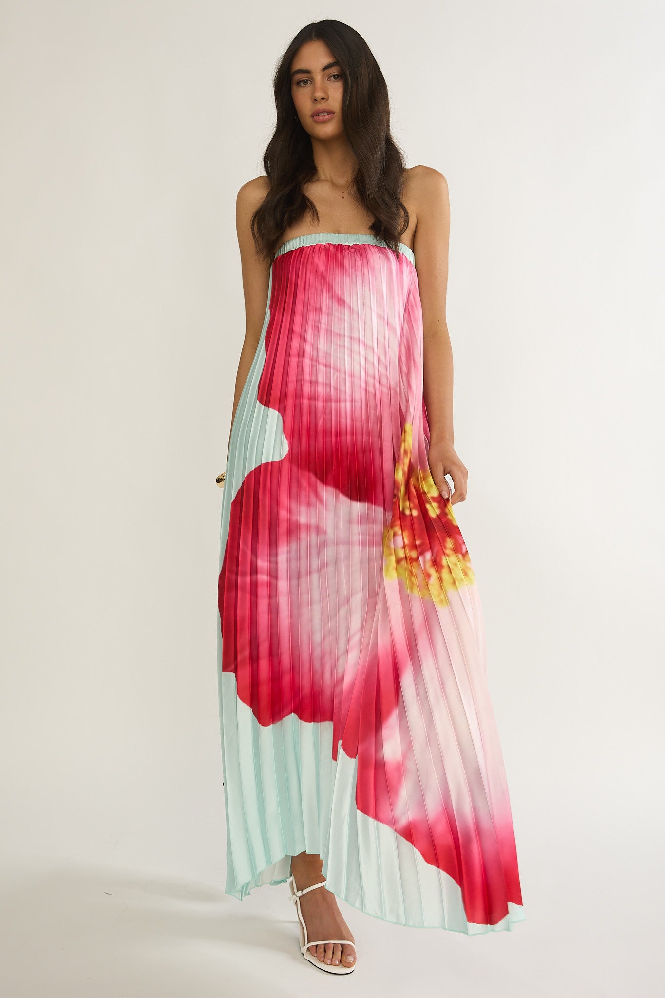 Lauriella Strapless Accordion Pleat Maxi Dress Hibiscus Mint-Maymioy