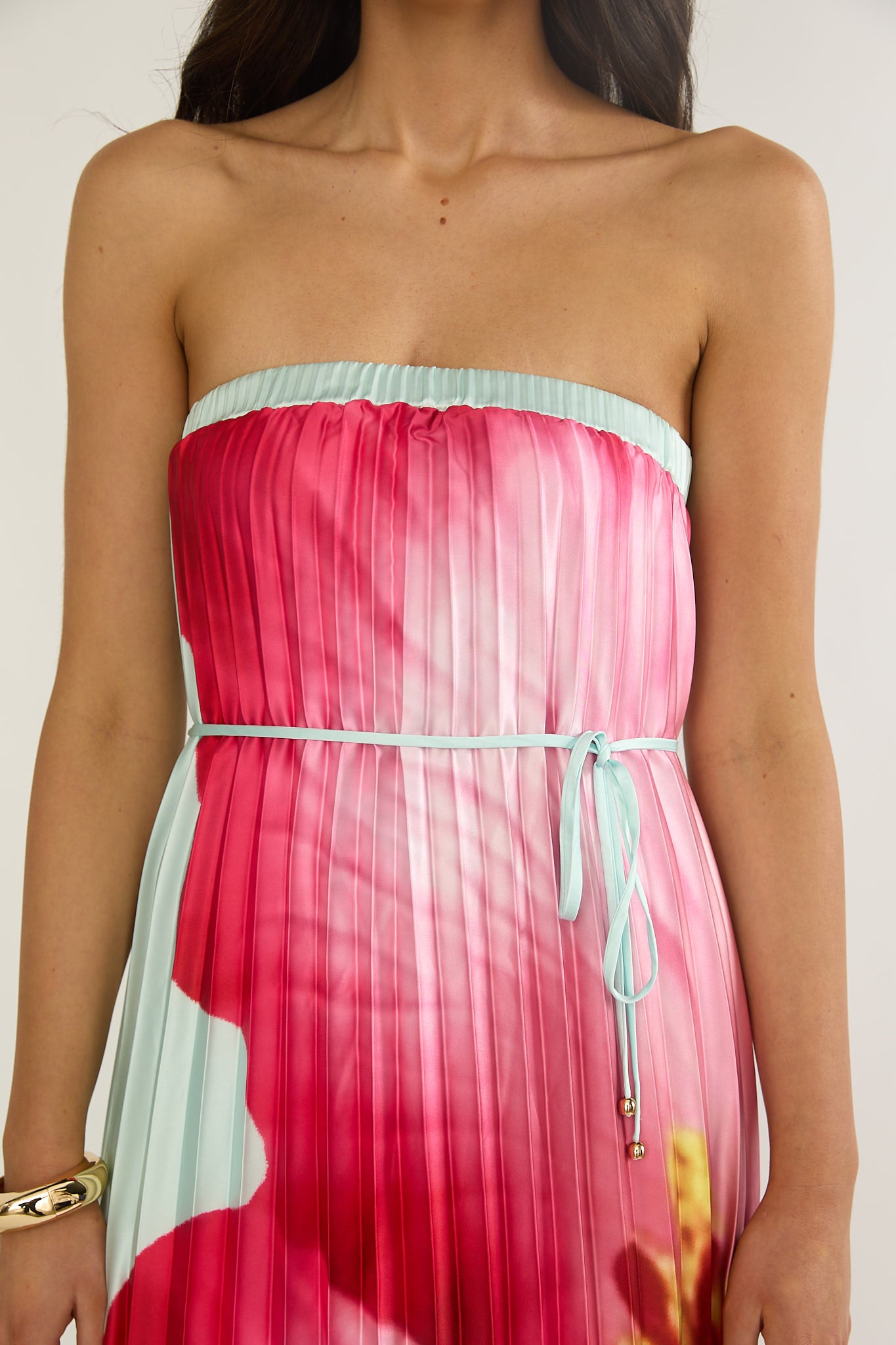 Lauriella Strapless Accordion Pleat Maxi Dress Hibiscus Mint-Maymioy