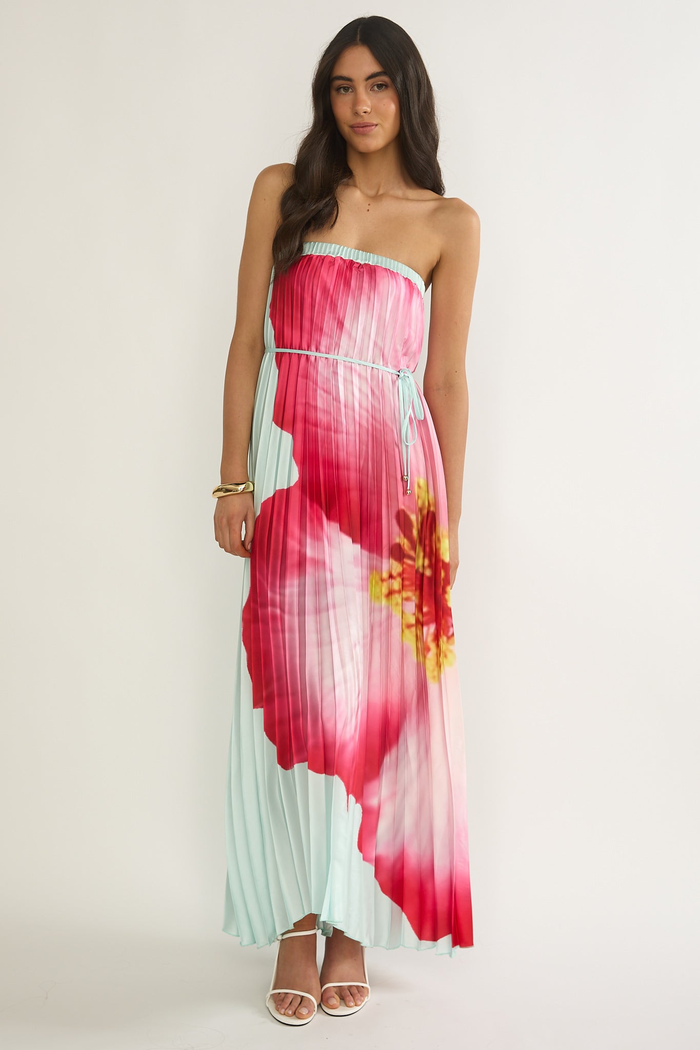 Lauriella Strapless Accordion Pleat Maxi Dress Hibiscus Mint-Maymioy