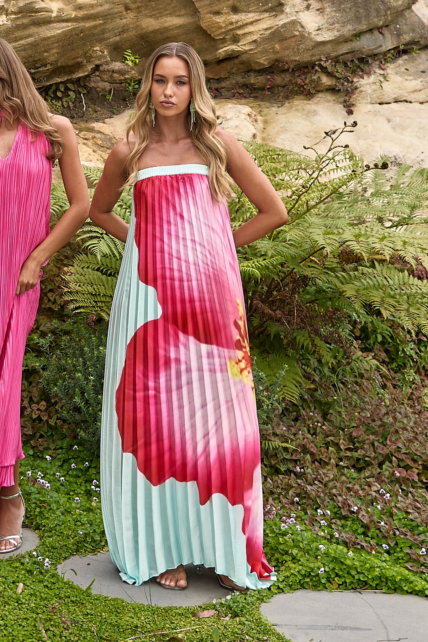 Lauriella Strapless Accordion Pleat Maxi Dress Hibiscus Mint-Maymioy