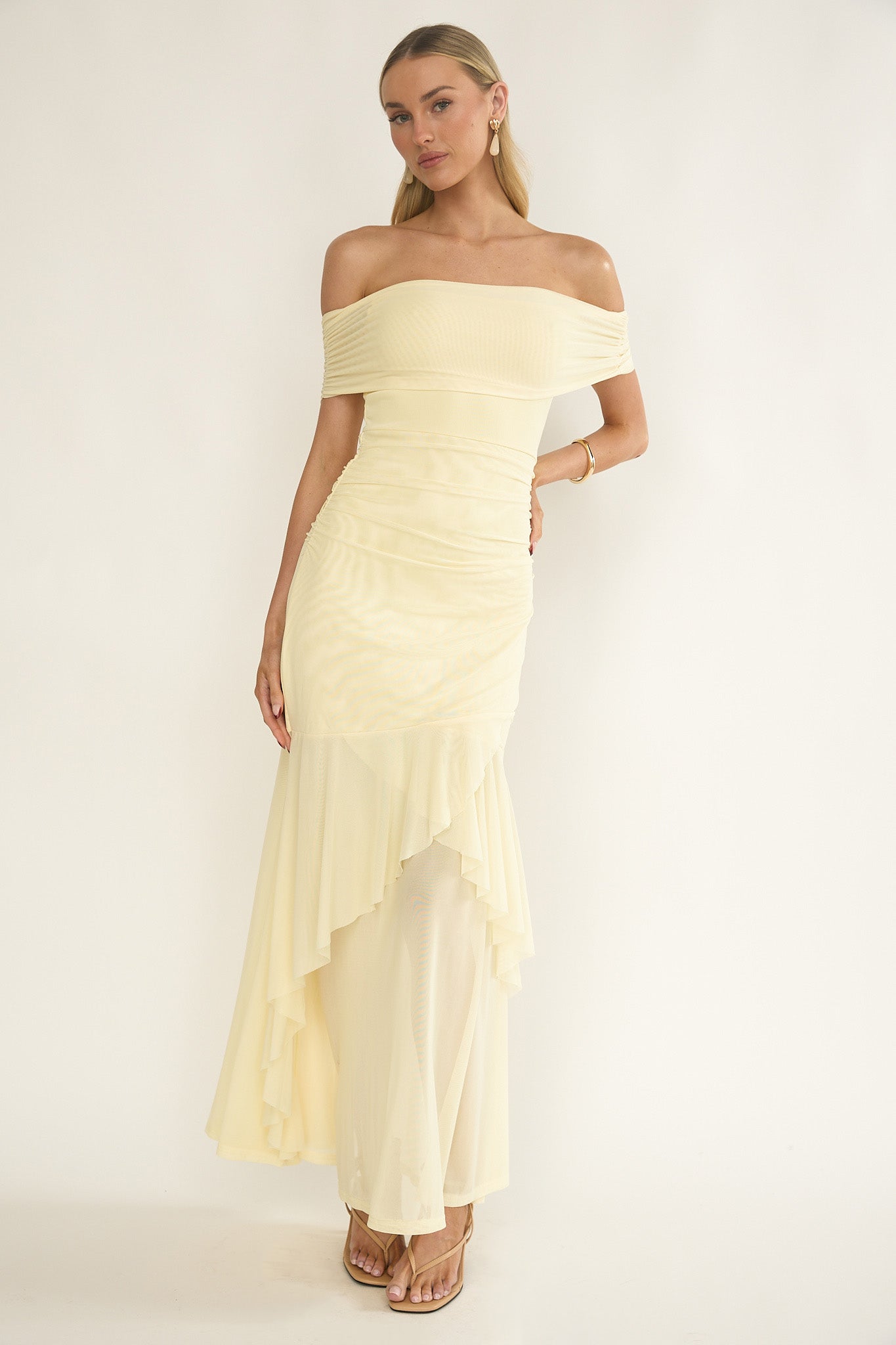 Kiarna Off-Shoulder Mesh Maxi Dress Butter-Maymioy
