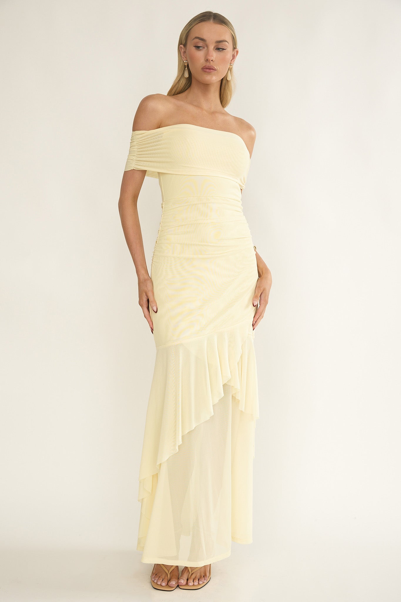 Kiarna Off-Shoulder Mesh Maxi Dress Butter-Maymioy
