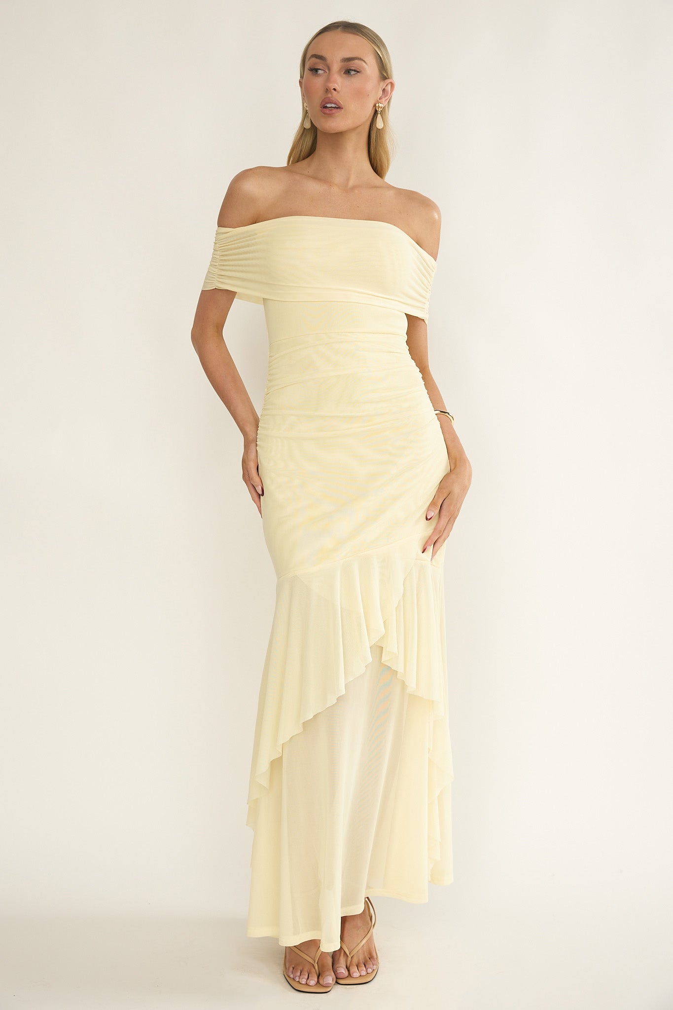 Kiarna Off-Shoulder Mesh Maxi Dress Butter-Maymioy