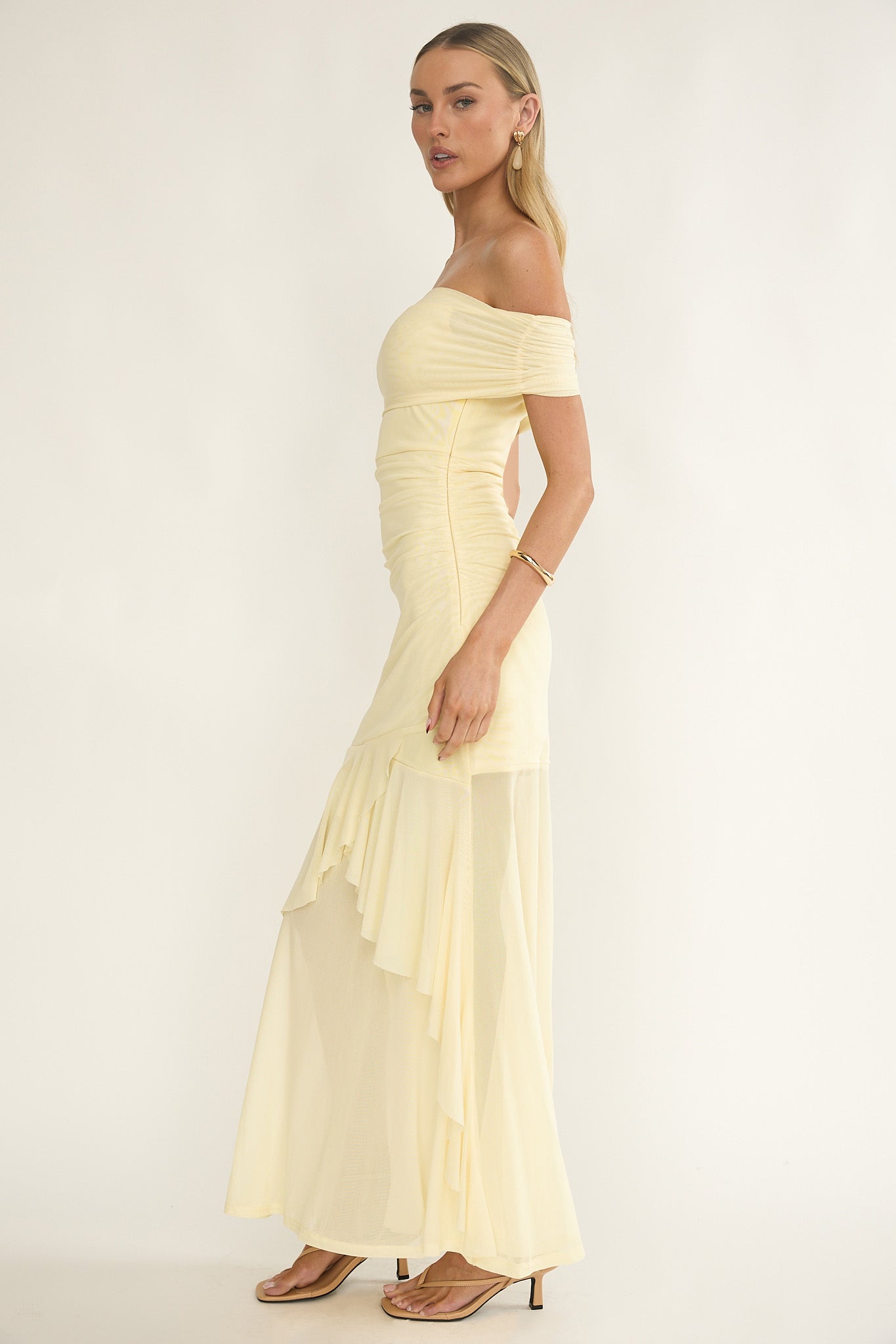 Kiarna Off-Shoulder Mesh Maxi Dress Butter-Maymioy