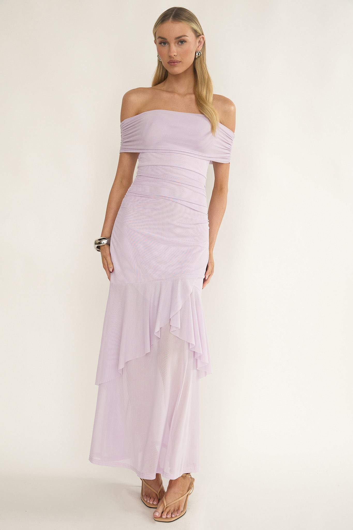 Kiarna Off-Shoulder Mesh Maxi Dress Lilac-Maymioy