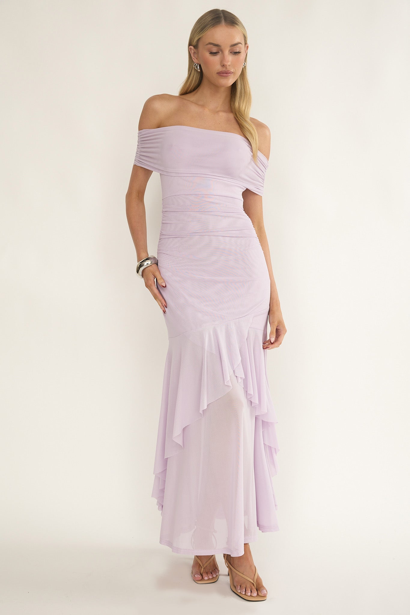 Kiarna Off-Shoulder Mesh Maxi Dress Lilac-Maymioy