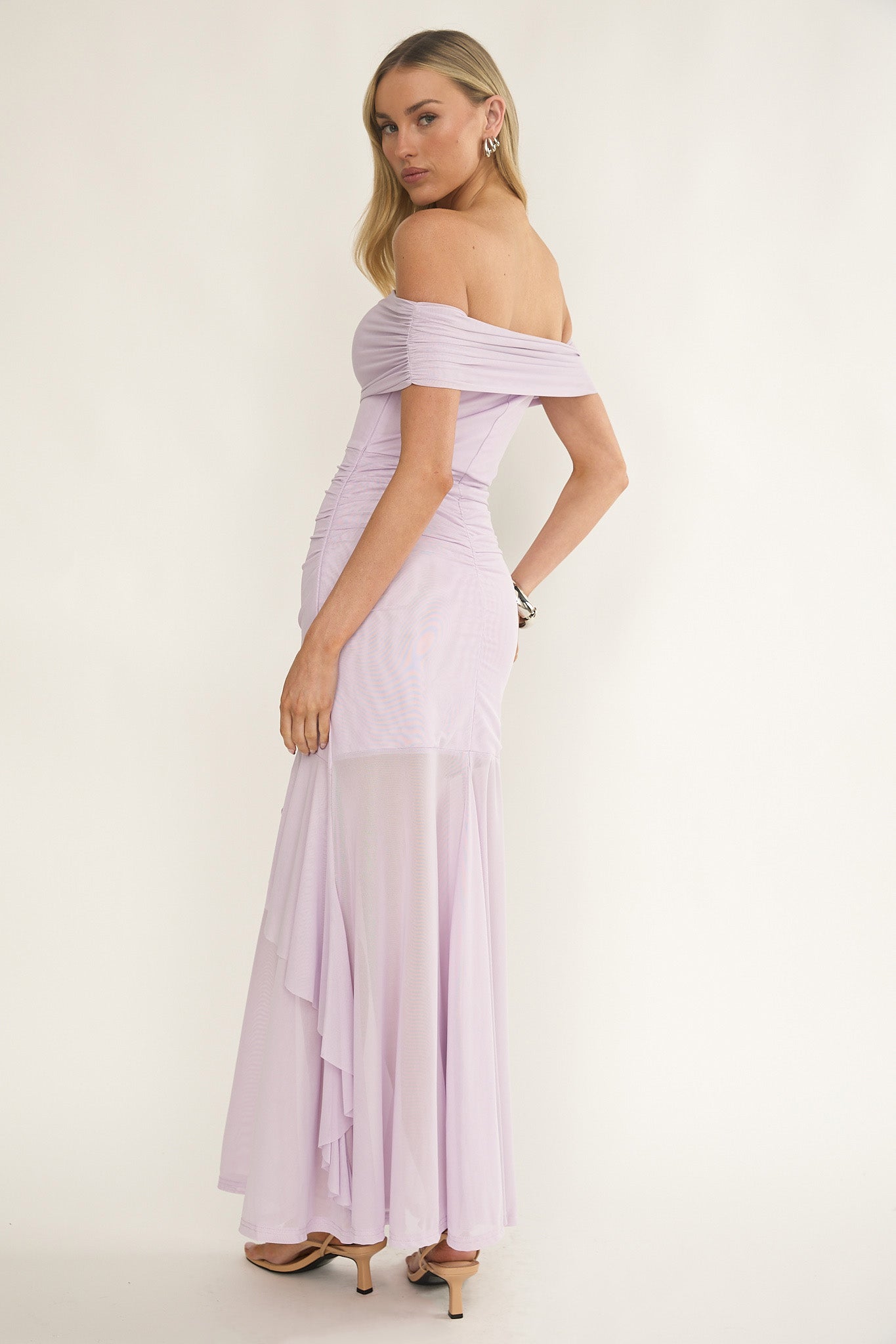 Kiarna Off-Shoulder Mesh Maxi Dress Lilac-Maymioy