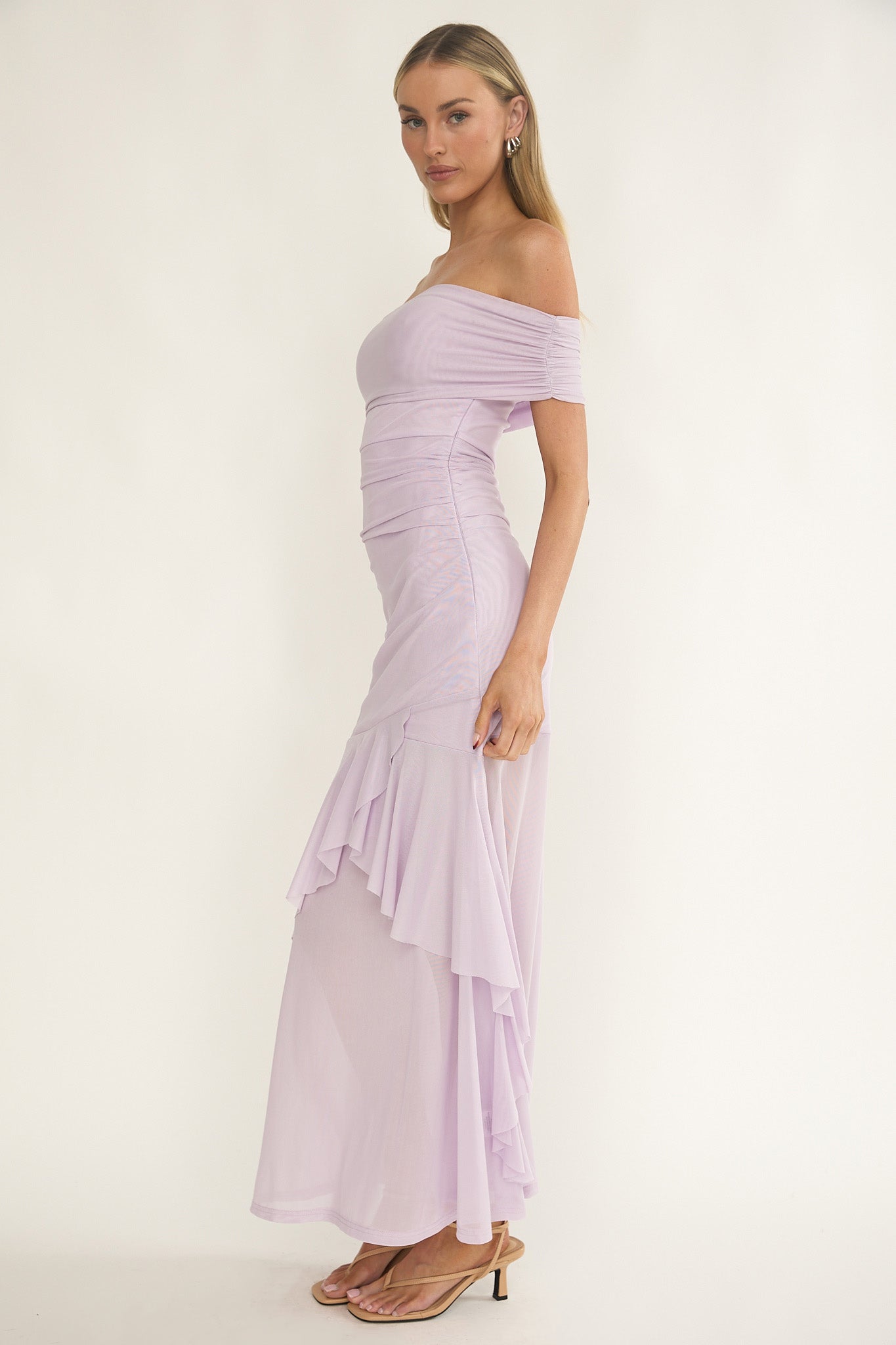 Kiarna Off-Shoulder Mesh Maxi Dress Lilac-Maymioy