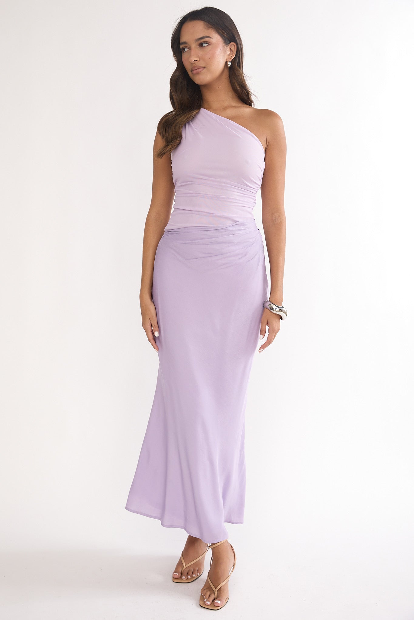 Divina One-Shoulder Gathered Waist Maxi Dress Lilac-Maymioy