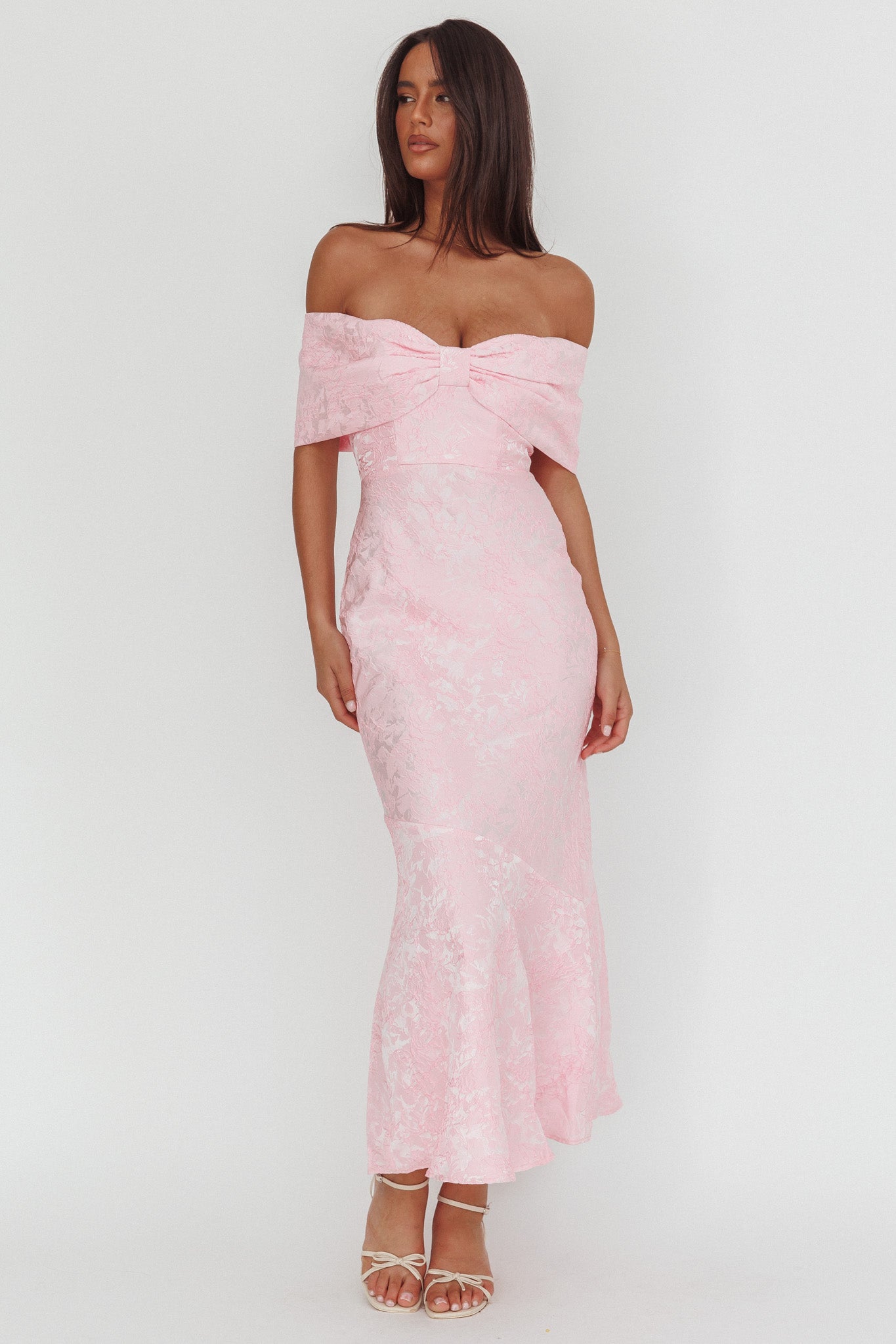 Fairytales Off-Shoulder Jacquard Maxi Dress Pink-Maymioy