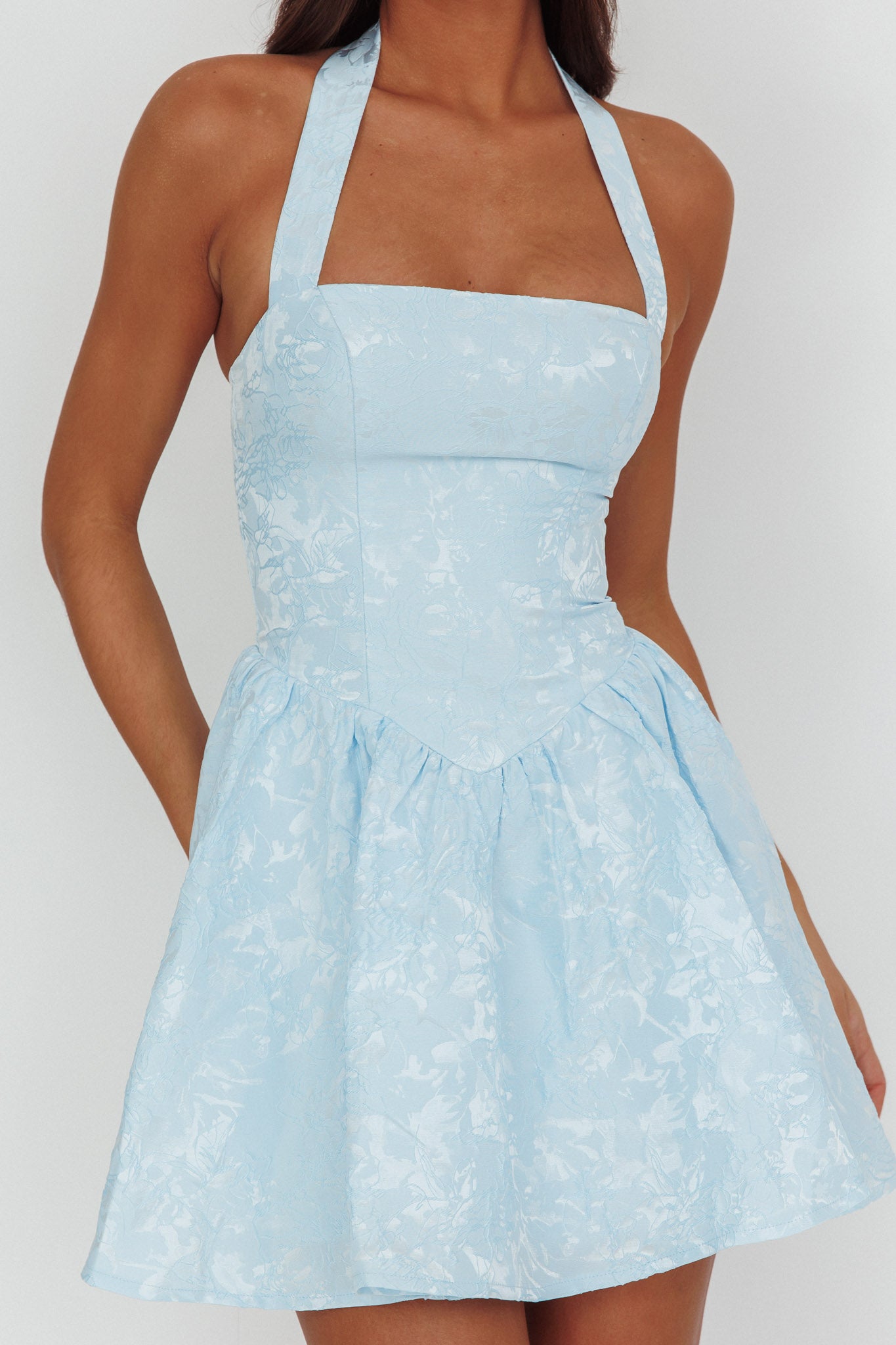 Serrah Halter Mini Dress Jacquard Blue-Maymioy