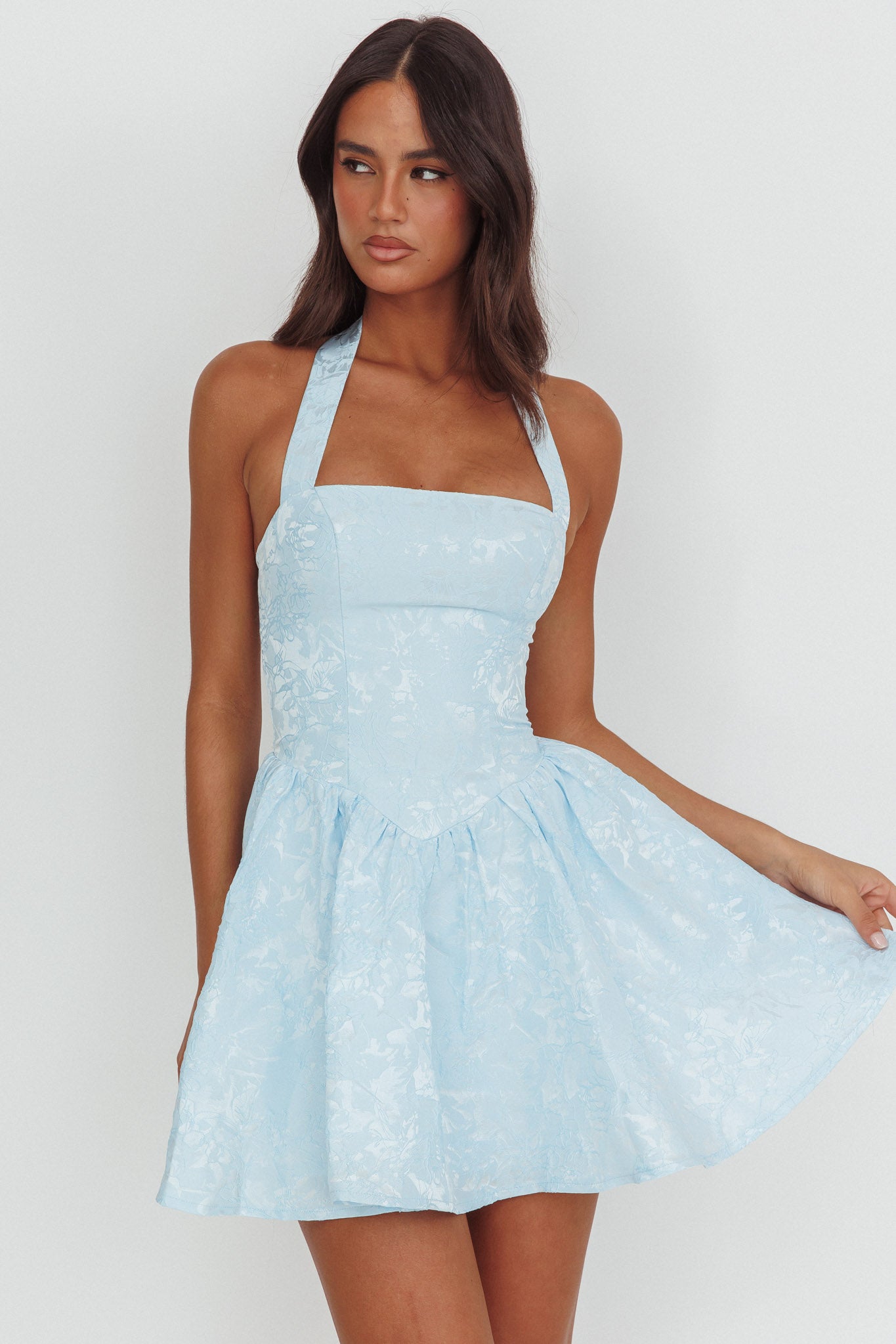 Serrah Halter Mini Dress Jacquard Blue-Maymioy
