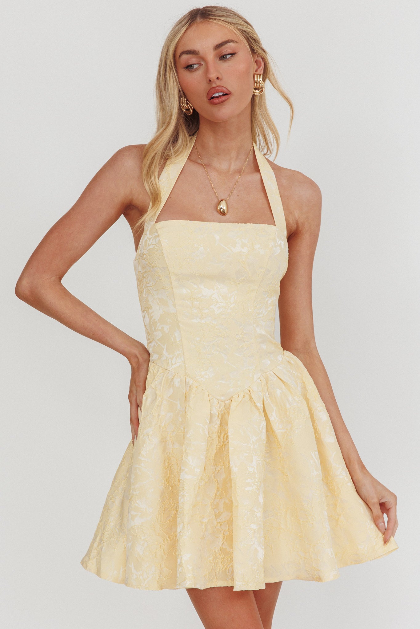 Serrah Halter Mini Dress Jacquard Butter-Maymioy