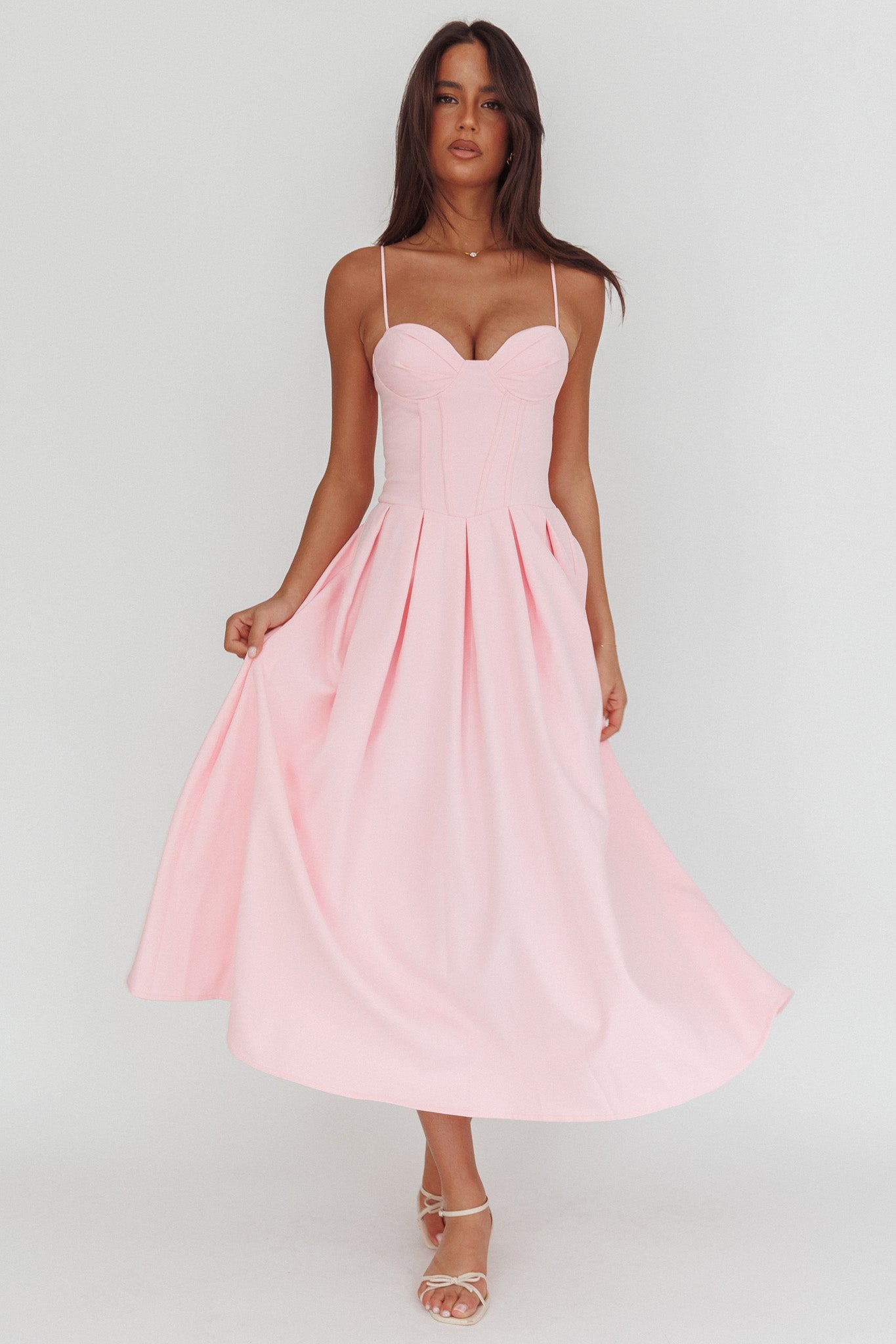 Kearsy Box Pleat Sweetheart Neckline Midi Dress Pink-Maymioy