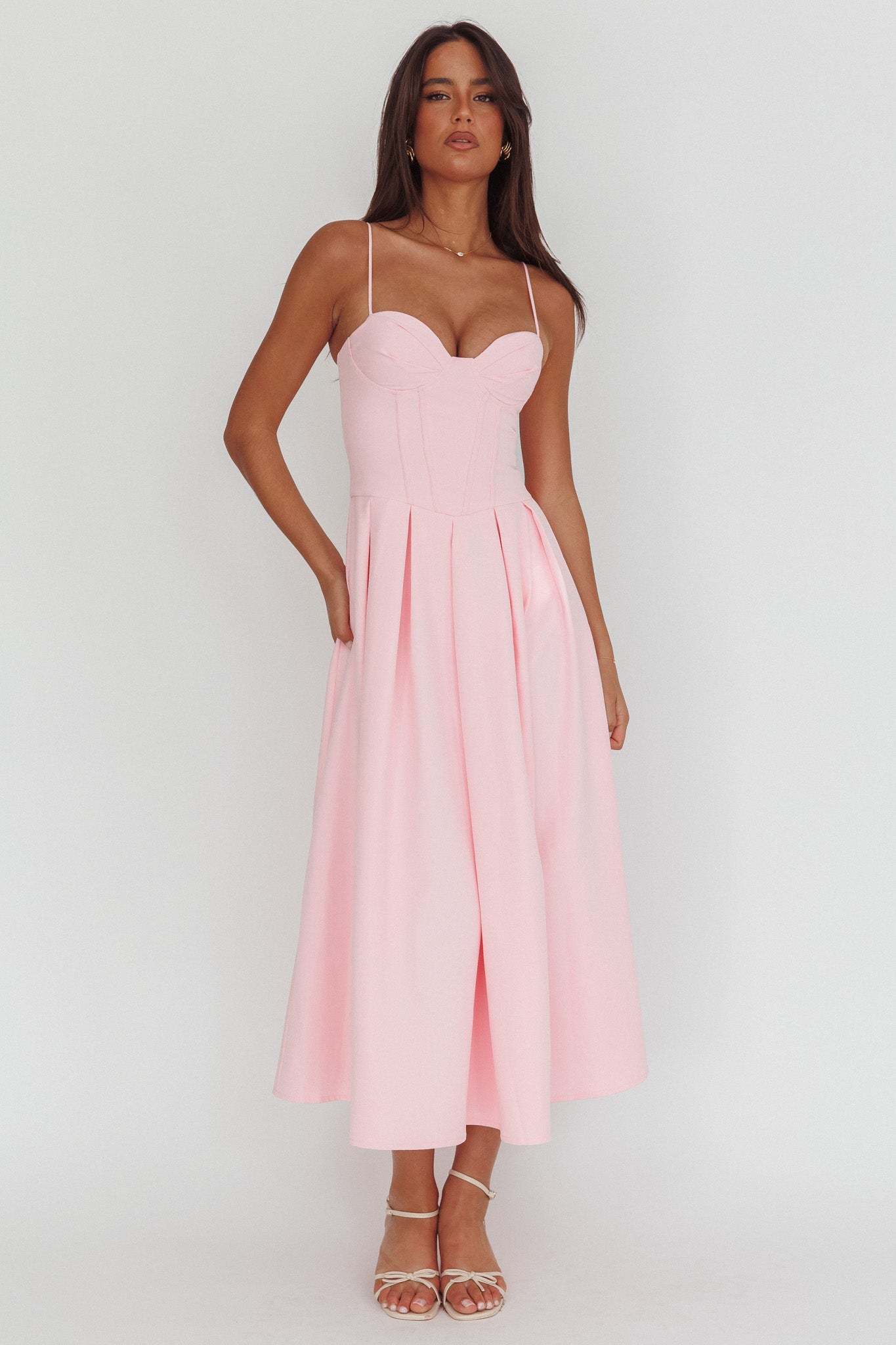 Kearsy Box Pleat Sweetheart Neckline Midi Dress Pink-Maymioy
