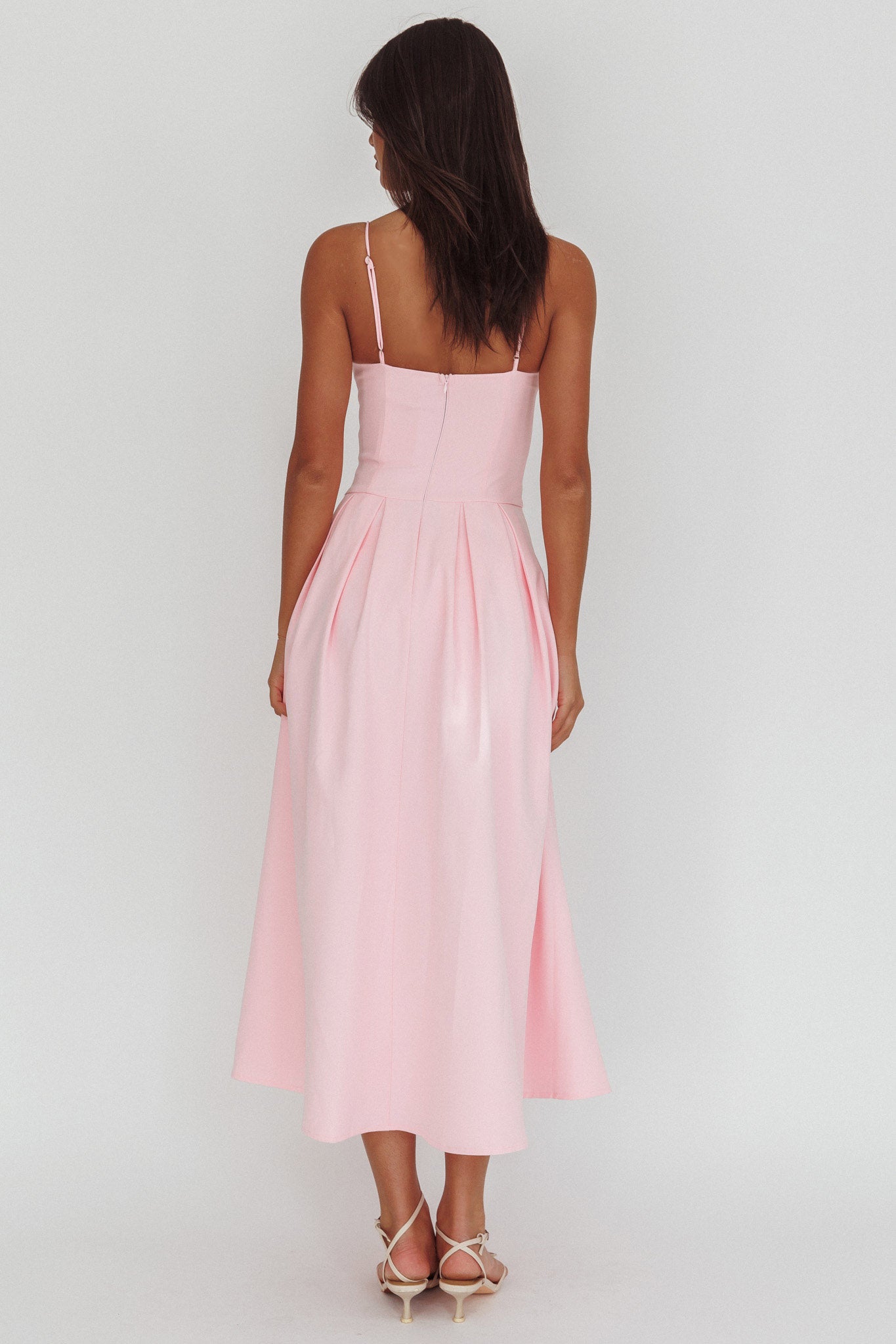 Kearsy Box Pleat Sweetheart Neckline Midi Dress Pink-Maymioy