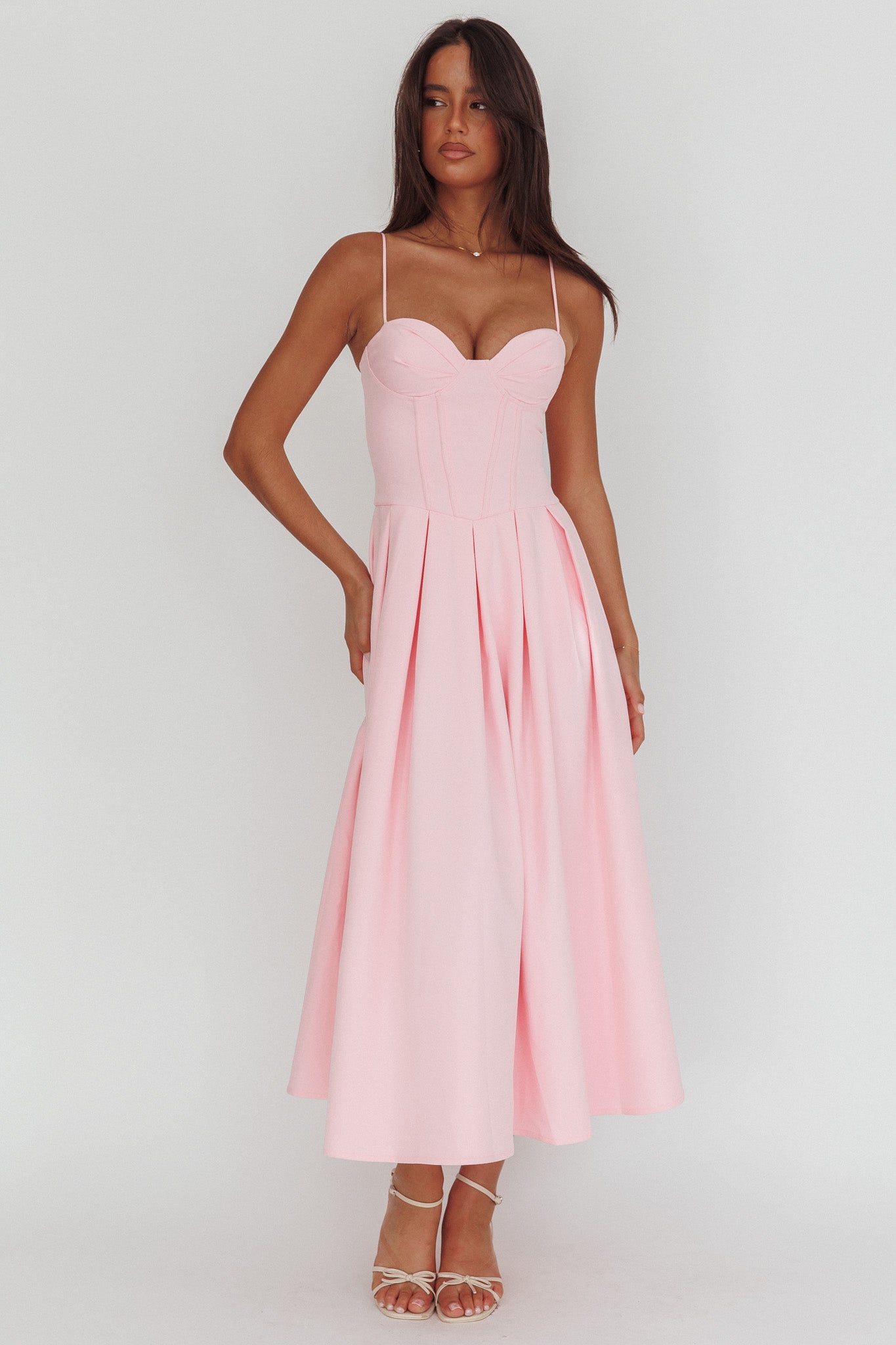 Kearsy Box Pleat Sweetheart Neckline Midi Dress Pink-Maymioy