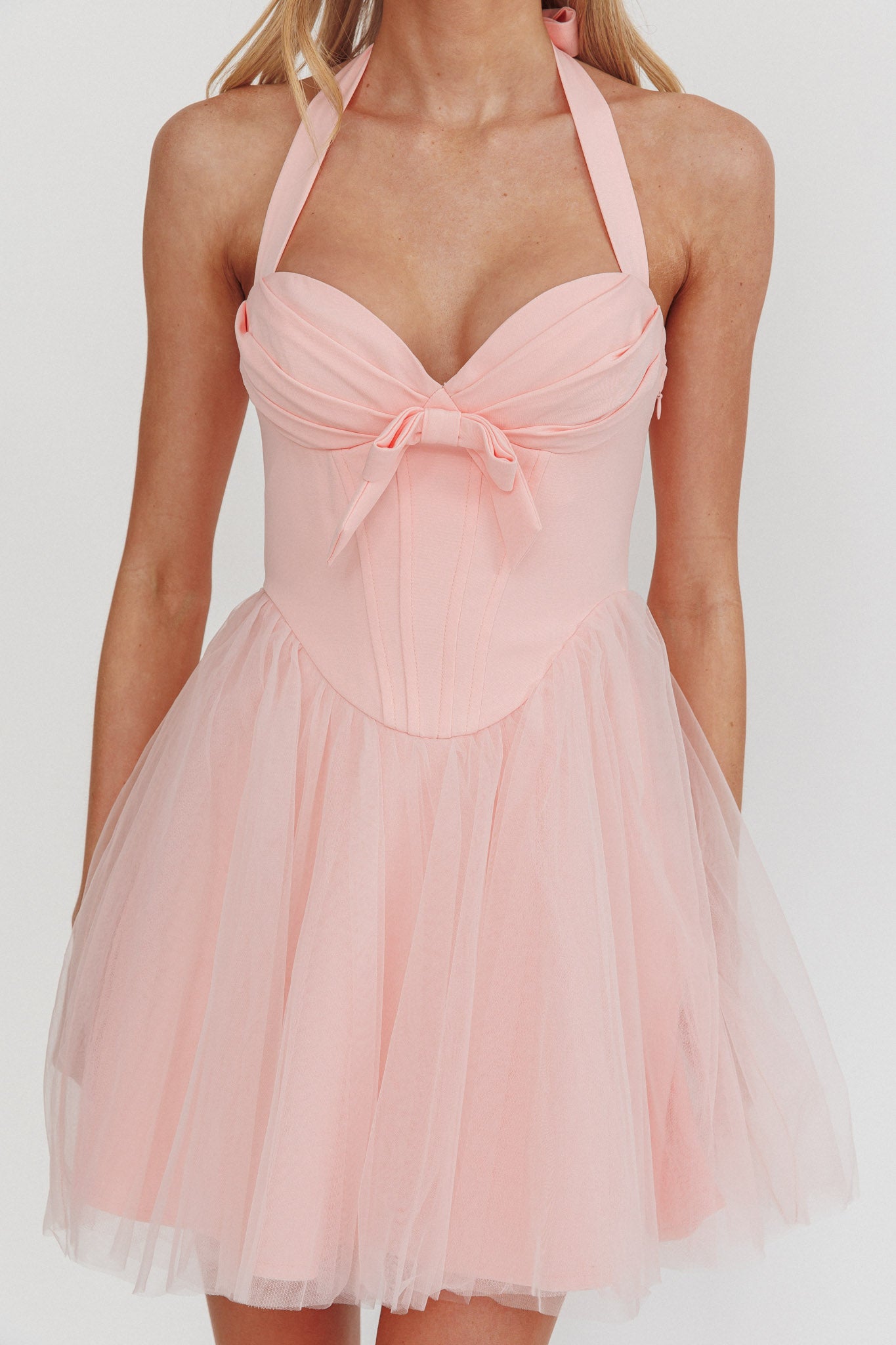 Princessa Sweetheart Neckline Halter Mini Dress Pink-Maymioy