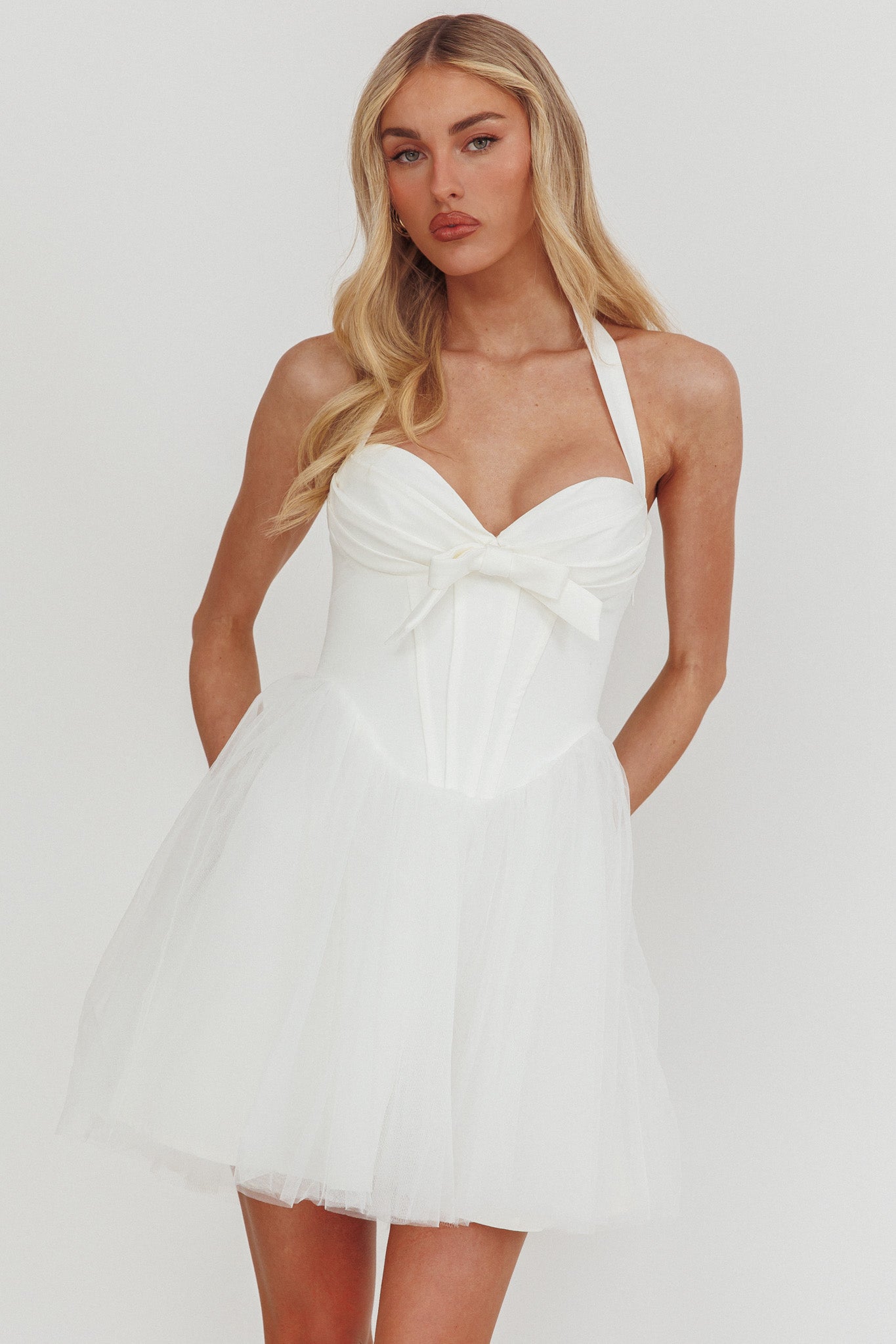 Princessa Sweetheart Neckline Halter Mini Dress White-Maymioy