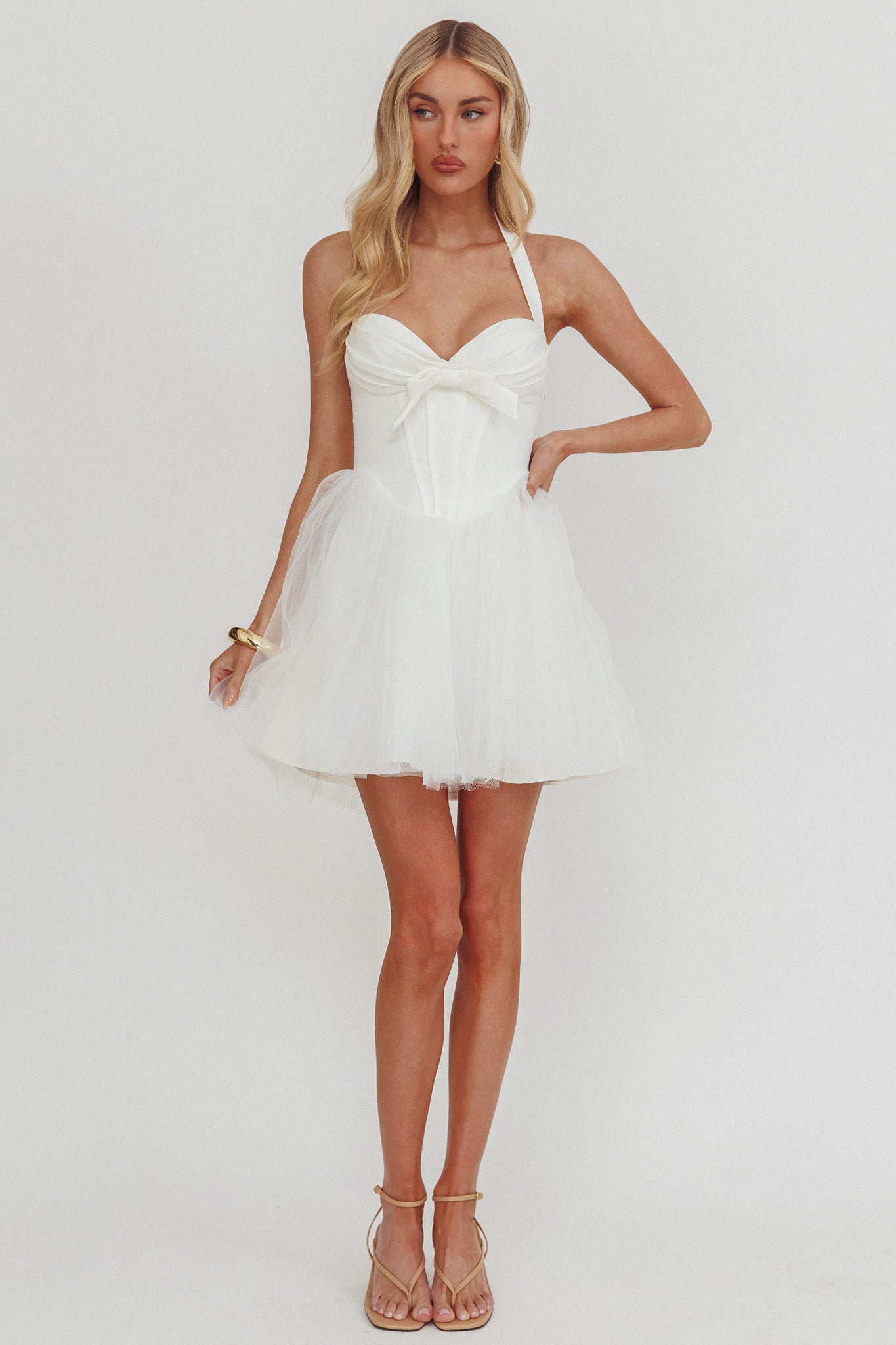 Princessa Sweetheart Neckline Halter Mini Dress White-Maymioy