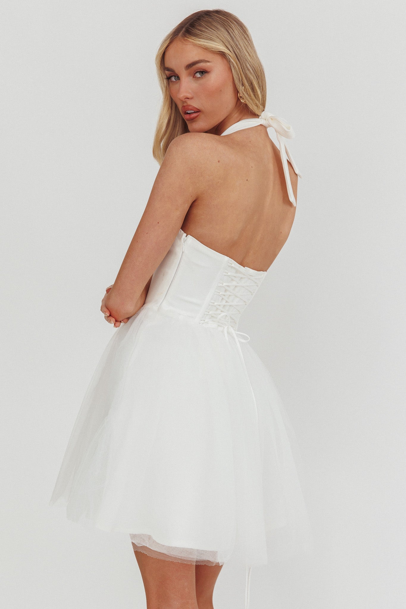 Princessa Sweetheart Neckline Halter Mini Dress White-Maymioy