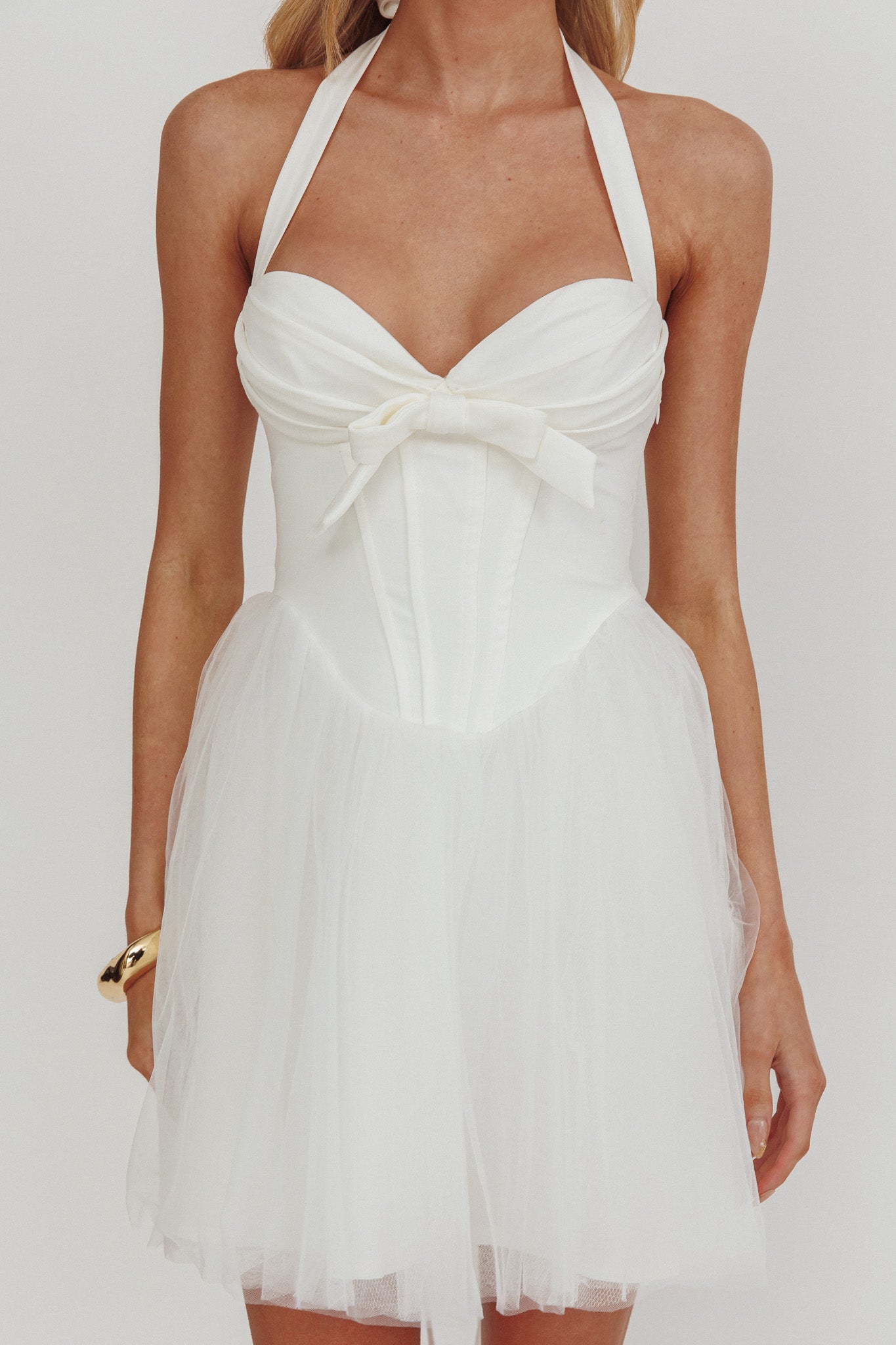 Princessa Sweetheart Neckline Halter Mini Dress White-Maymioy