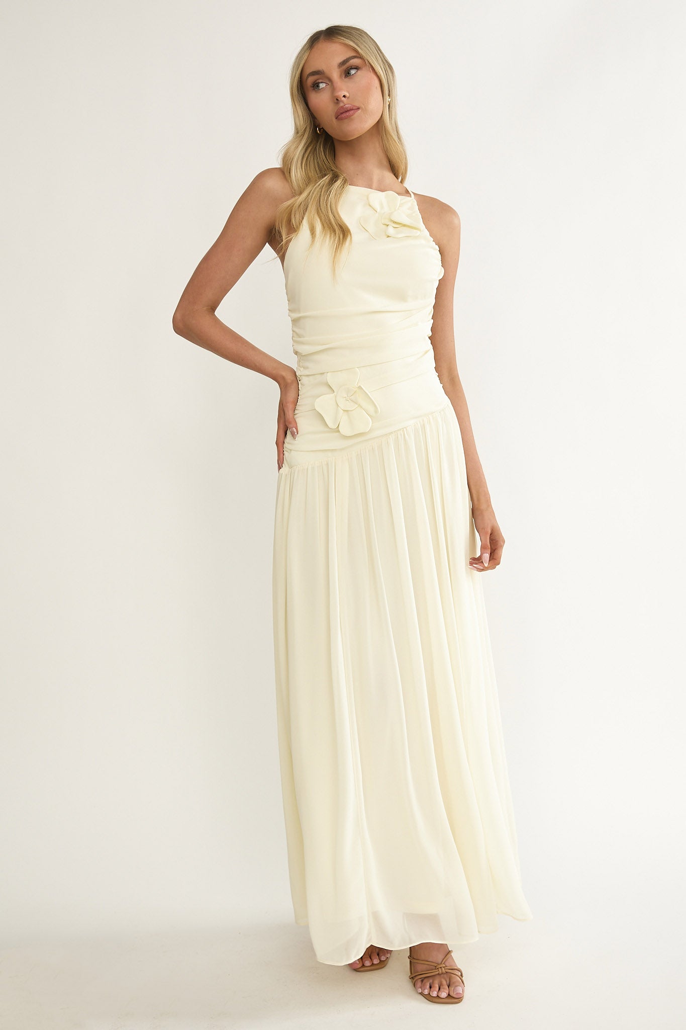 Brighten Drop Waist Flower Accent Maxi Dress Butter-Maymioy
