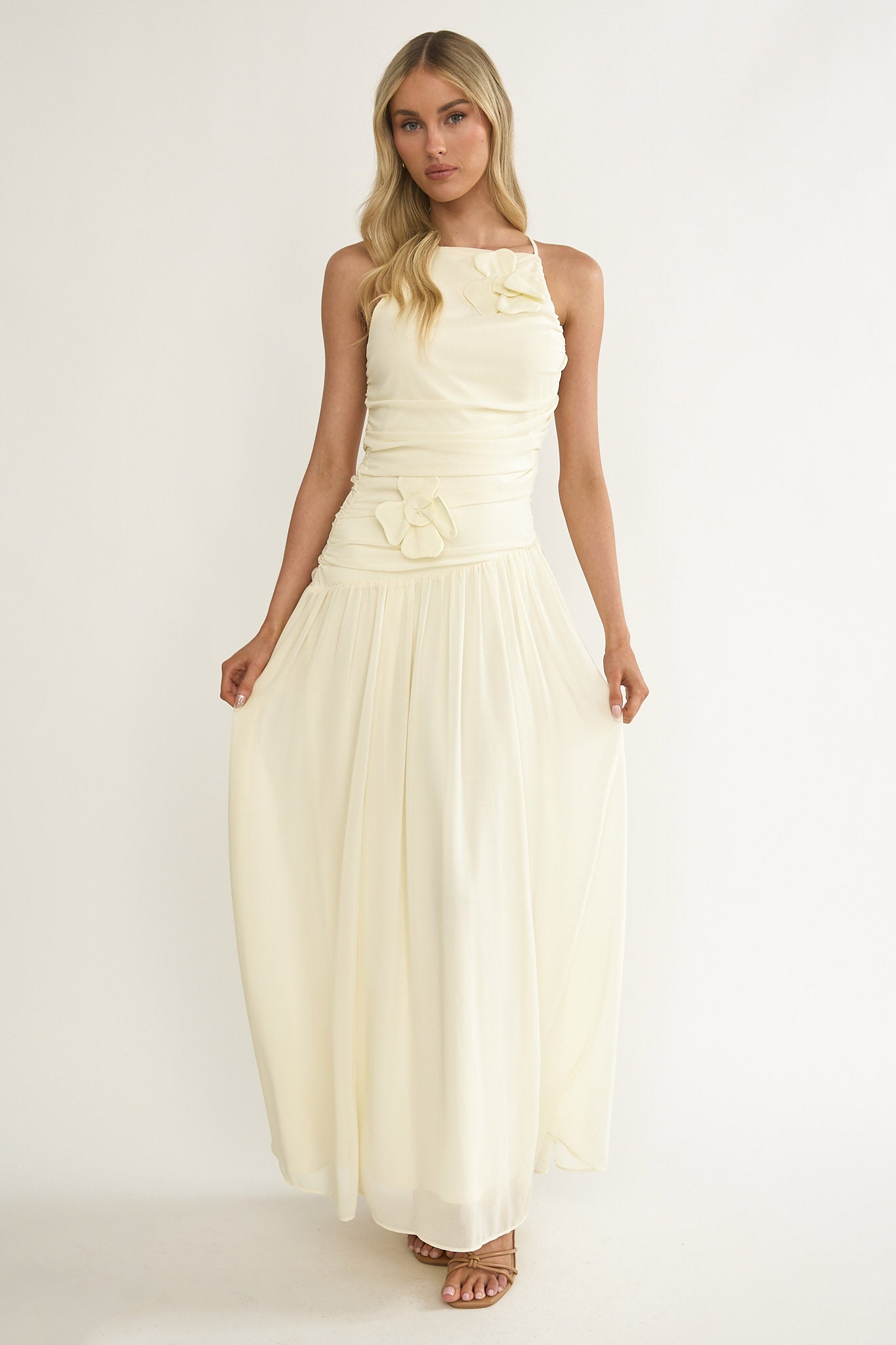 Brighten Drop Waist Flower Accent Maxi Dress Butter-Maymioy
