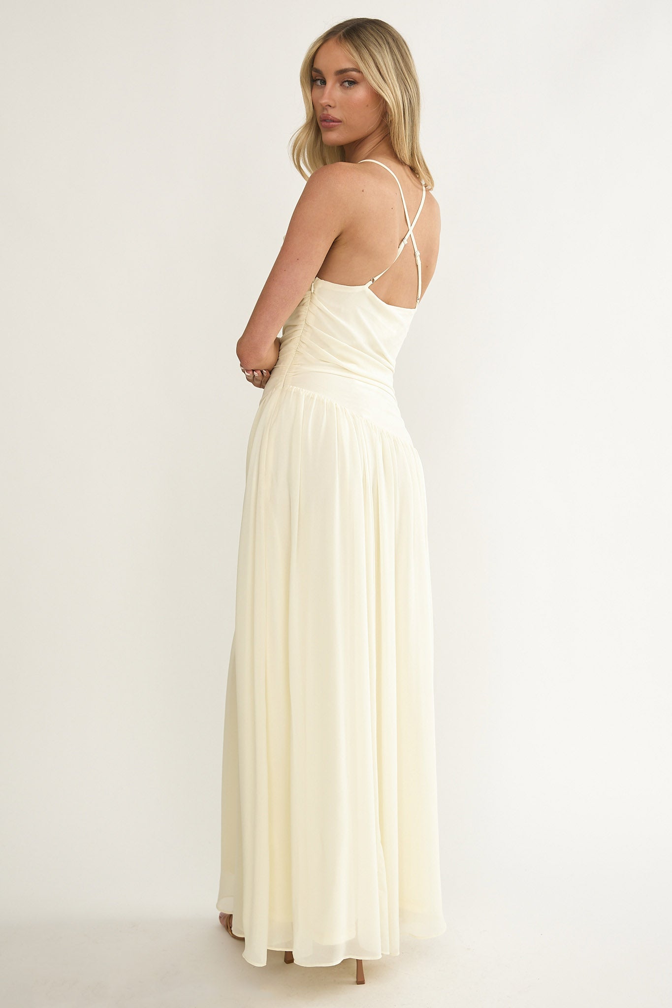 Brighten Drop Waist Flower Accent Maxi Dress Butter-Maymioy