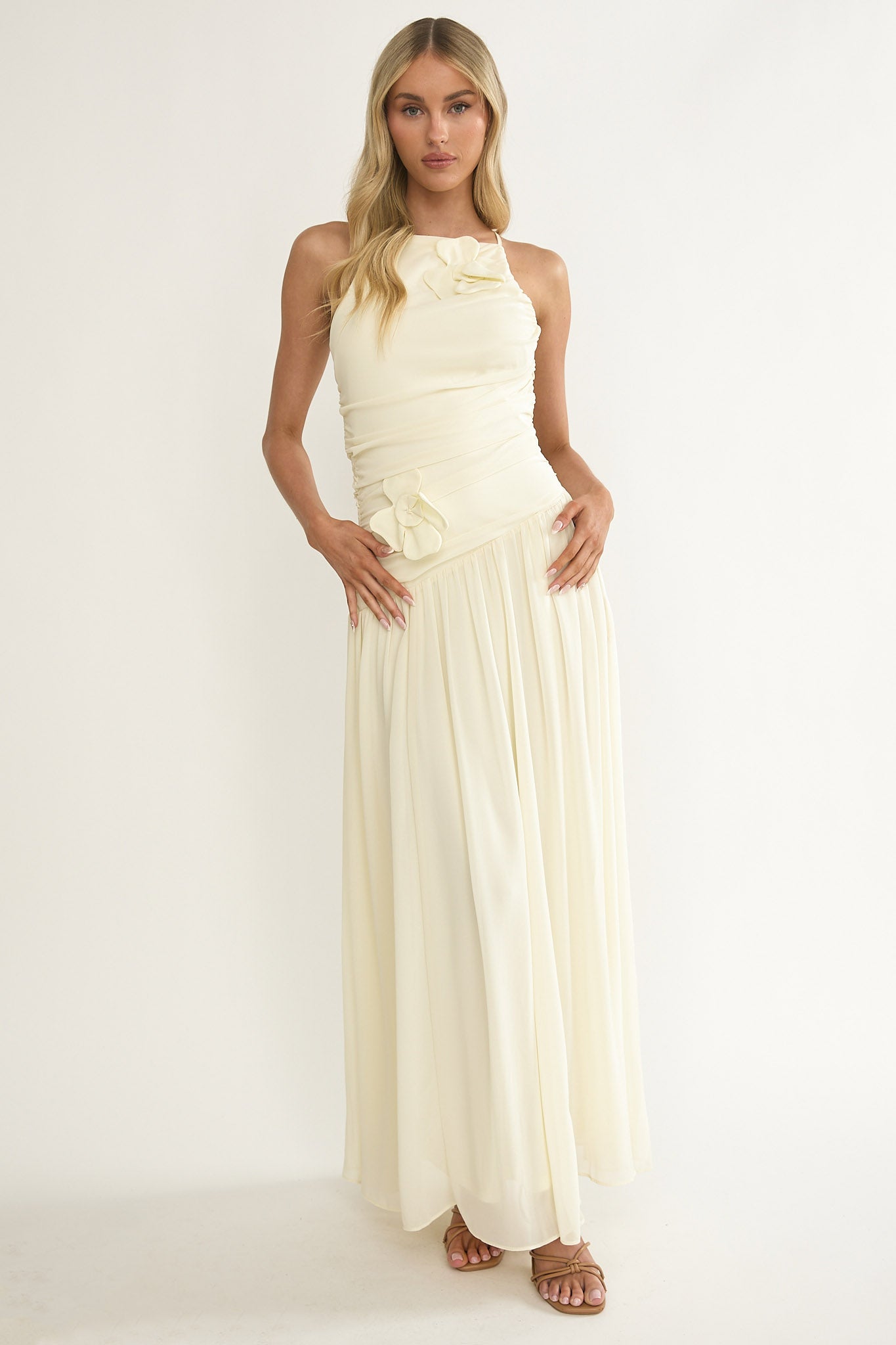 Brighten Drop Waist Flower Accent Maxi Dress Butter-Maymioy