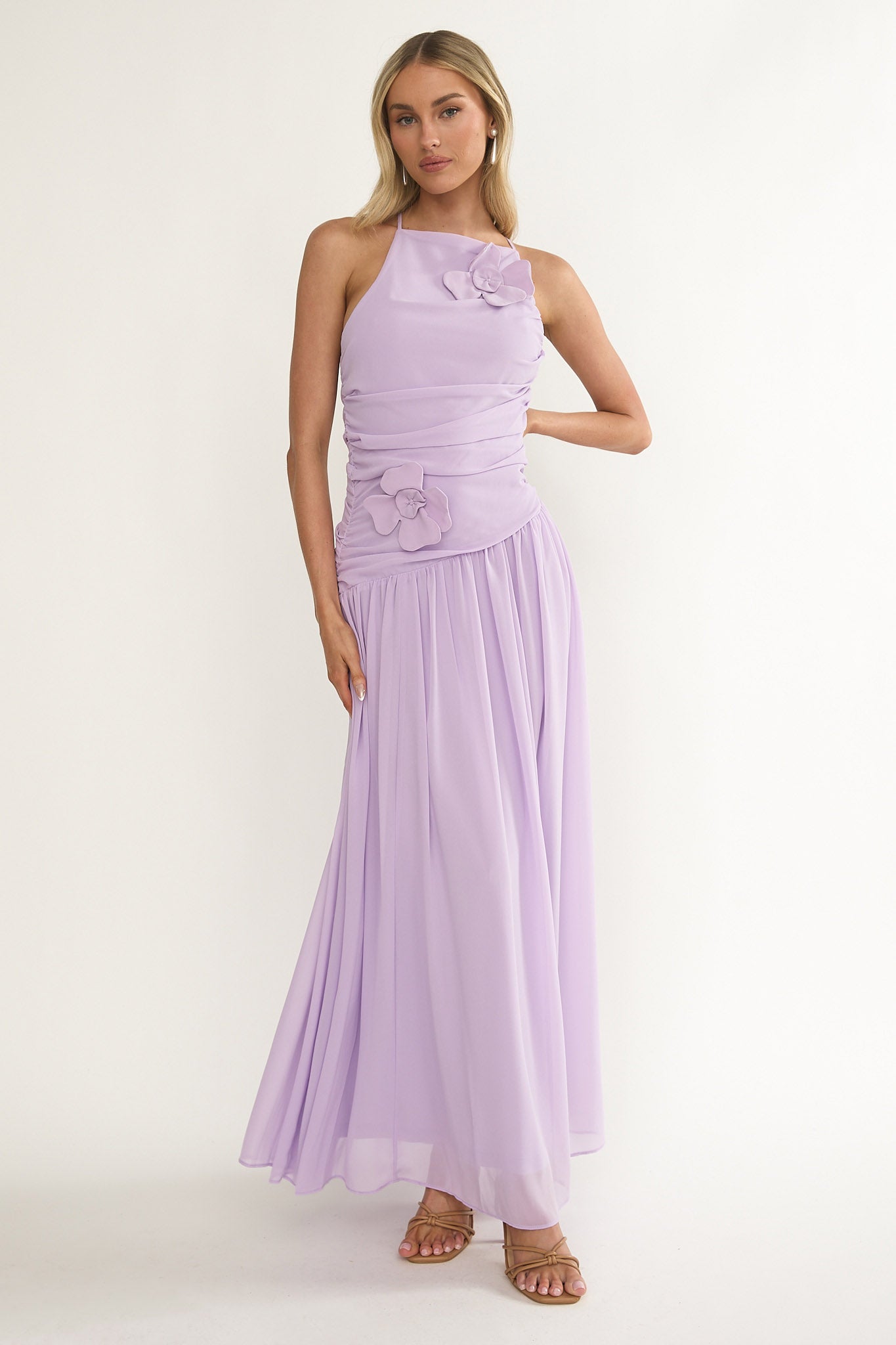 Brighten Drop Waist Flower Accent Maxi Dress Lilac-Maymioy