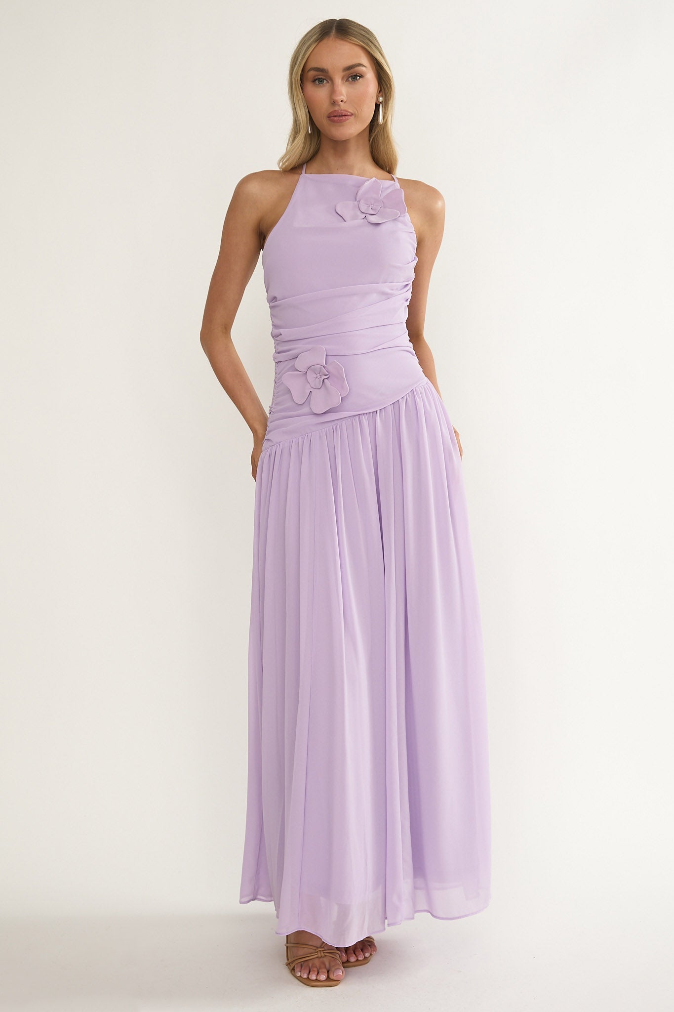 Brighten Drop Waist Flower Accent Maxi Dress Lilac-Maymioy