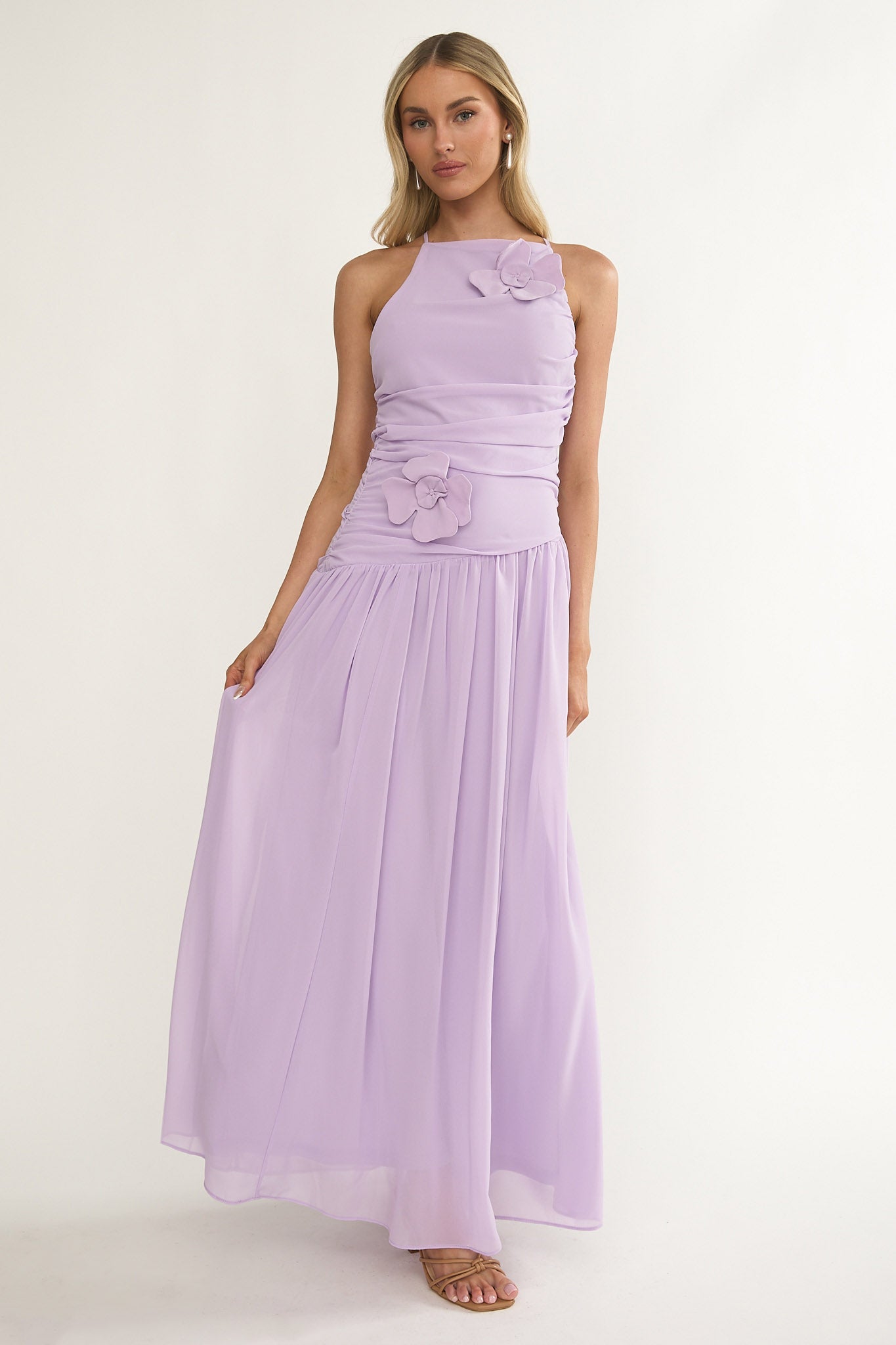Brighten Drop Waist Flower Accent Maxi Dress Lilac-Maymioy