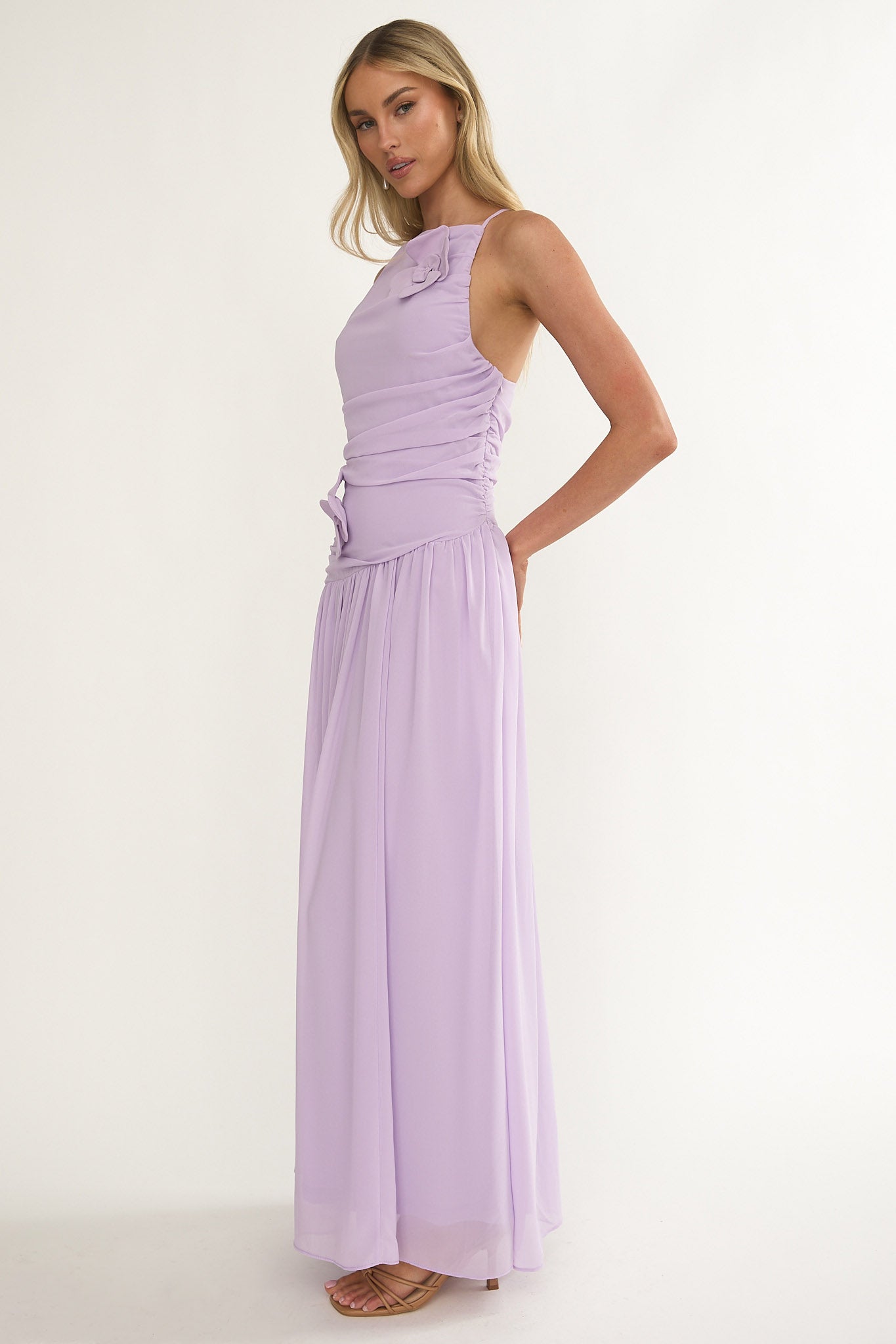 Brighten Drop Waist Flower Accent Maxi Dress Lilac-Maymioy