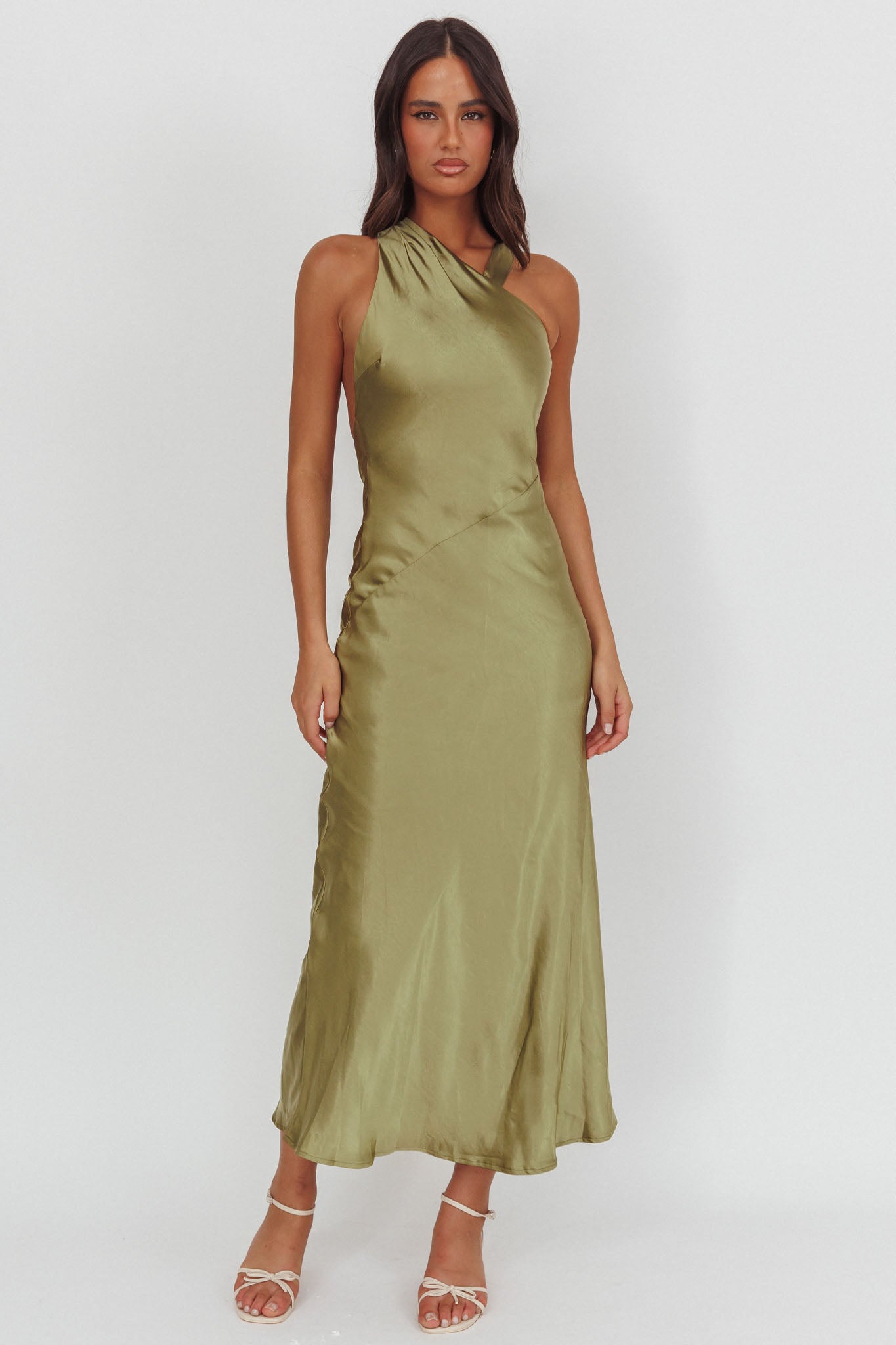 Florisse Asymmetric Neckline Maxi Dress Olive-Maymioy