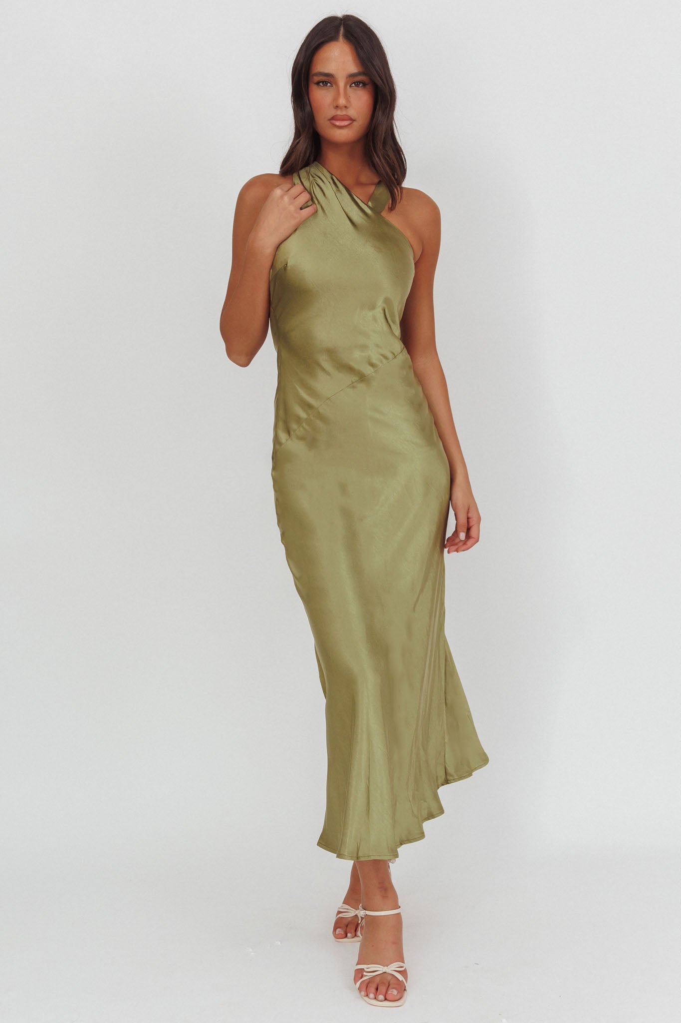 Florisse Asymmetric Neckline Maxi Dress Olive-Maymioy