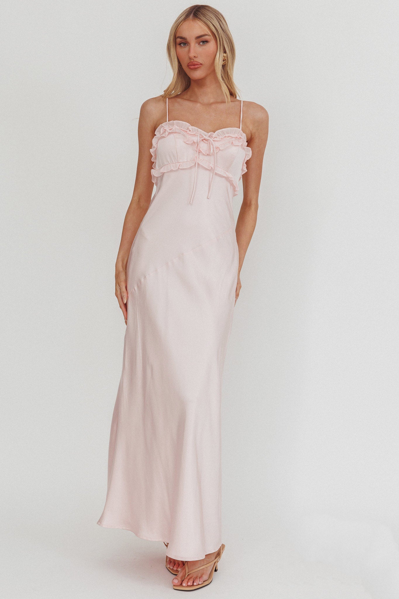 Caryn Frill Trim Maxi Dress Pink-Maymioy