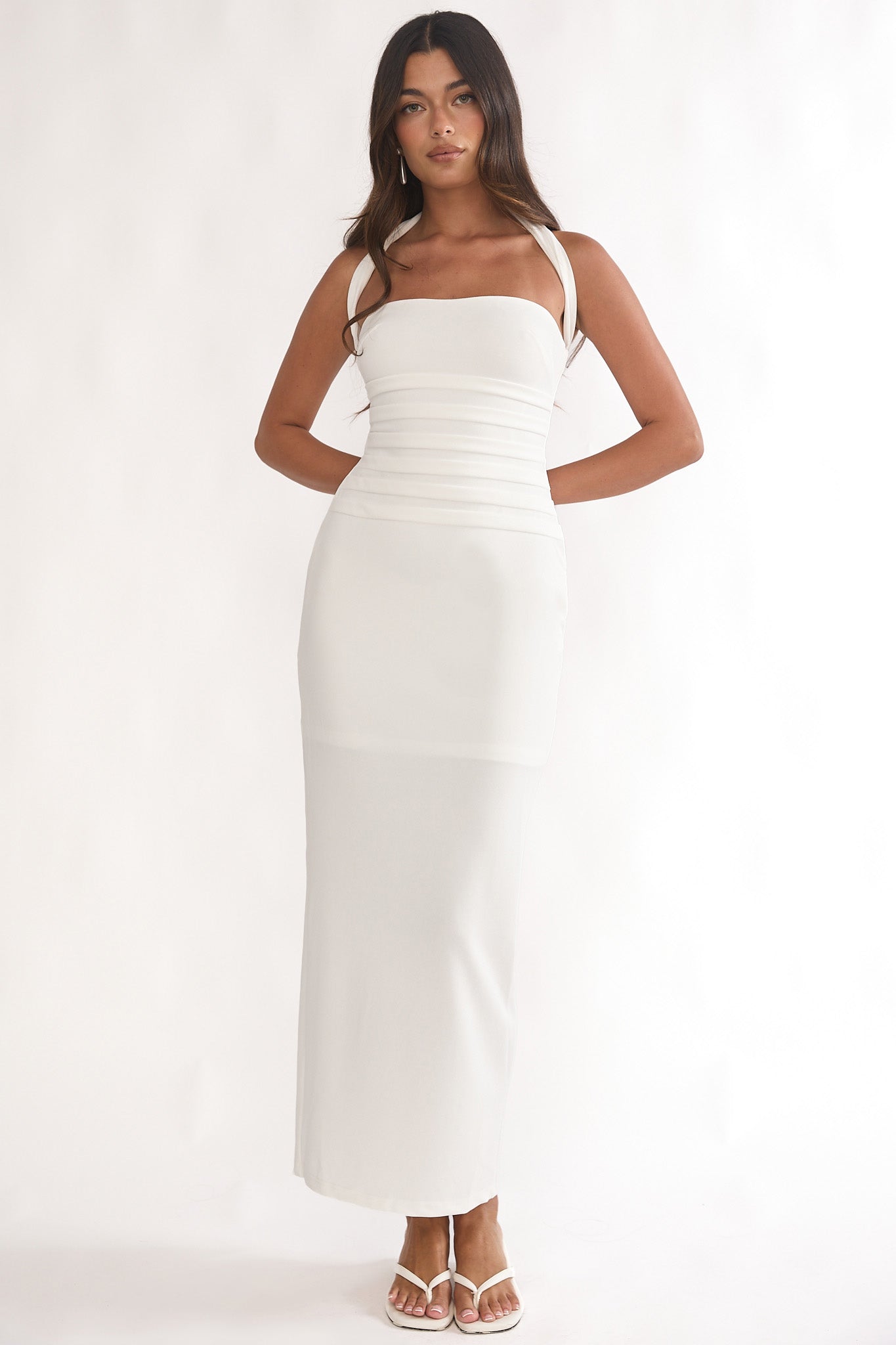 Fly Me To Paris Pleat Bodice Halterneck Maxi Dress White-Maymioy