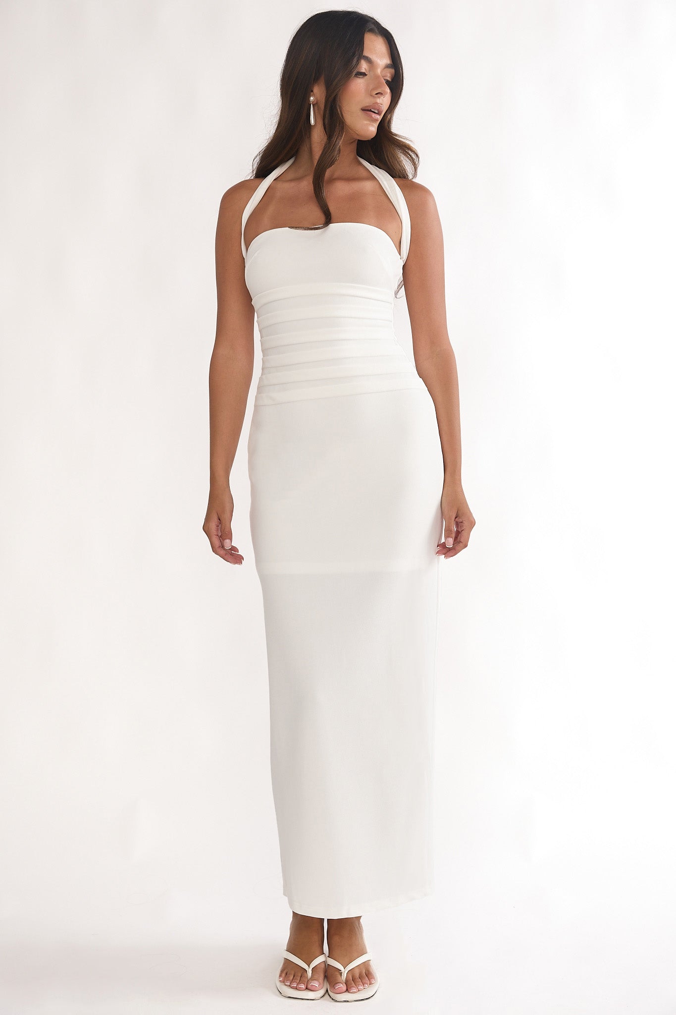 Fly Me To Paris Pleat Bodice Halterneck Maxi Dress White-Maymioy