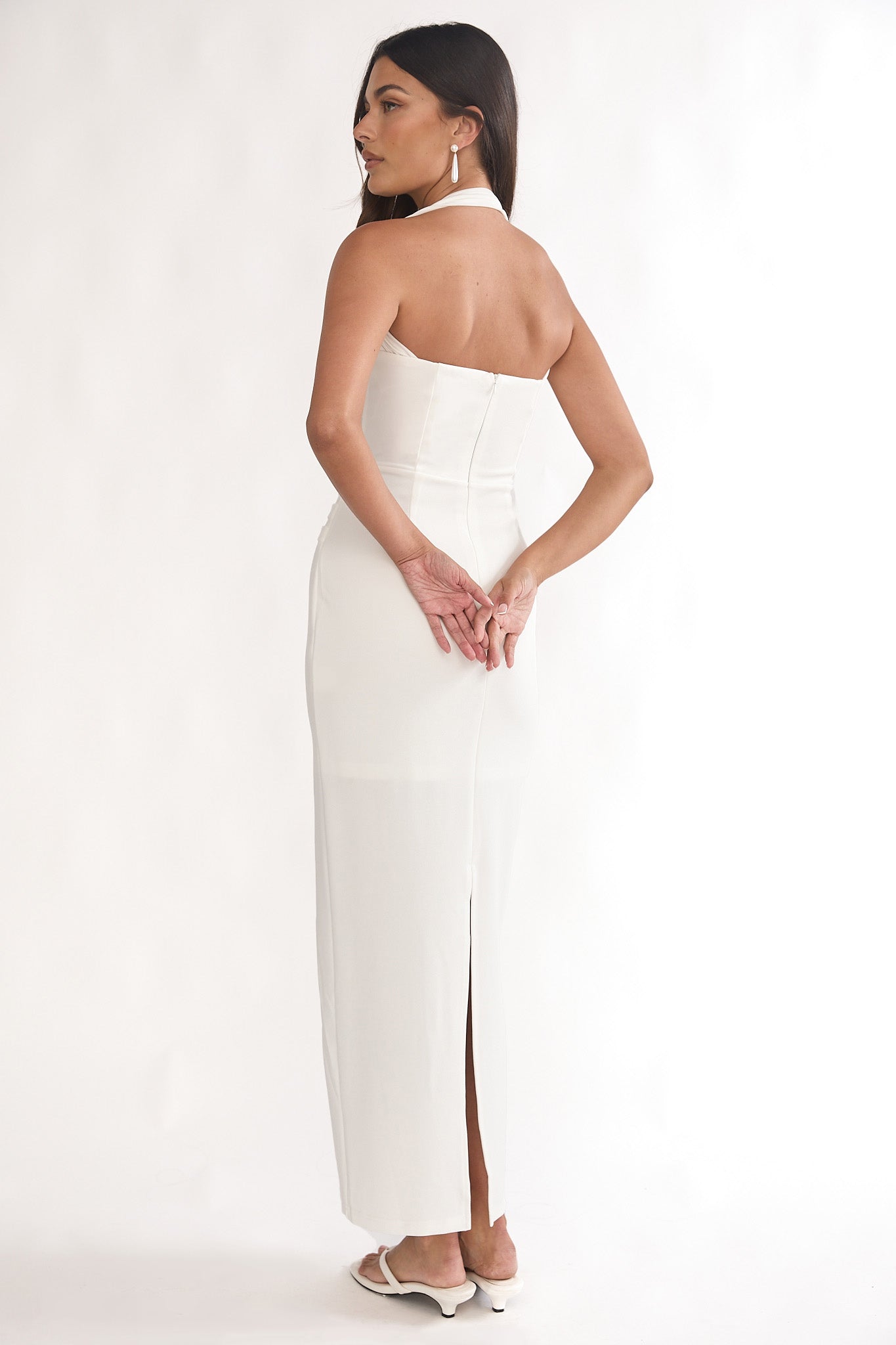 Fly Me To Paris Pleat Bodice Halterneck Maxi Dress White-Maymioy