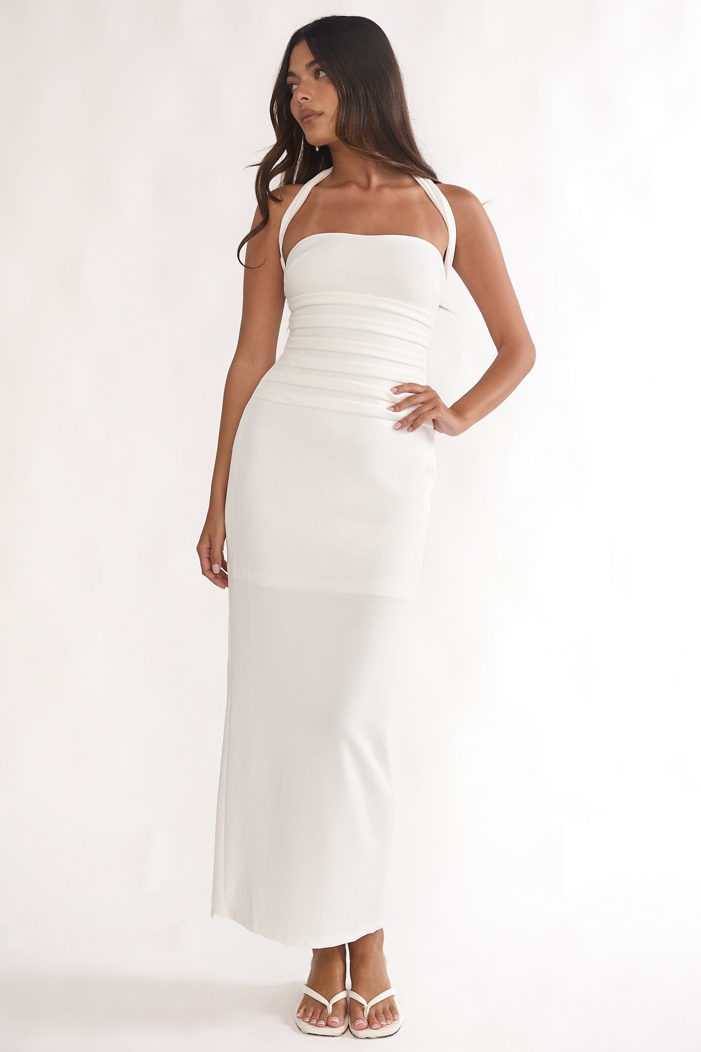 Fly Me To Paris Pleat Bodice Halterneck Maxi Dress White-Maymioy