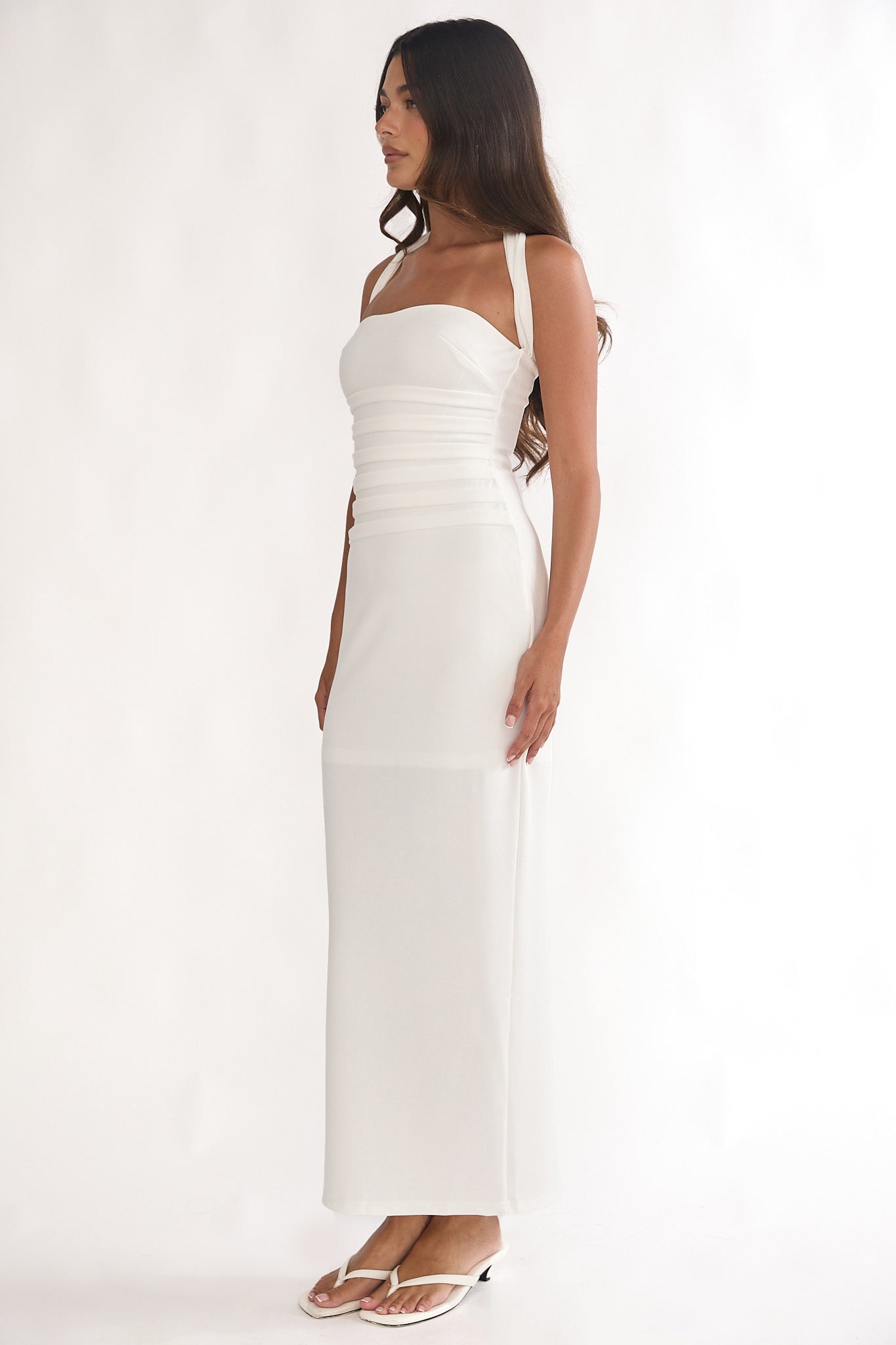 Fly Me To Paris Pleat Bodice Halterneck Maxi Dress White-Maymioy
