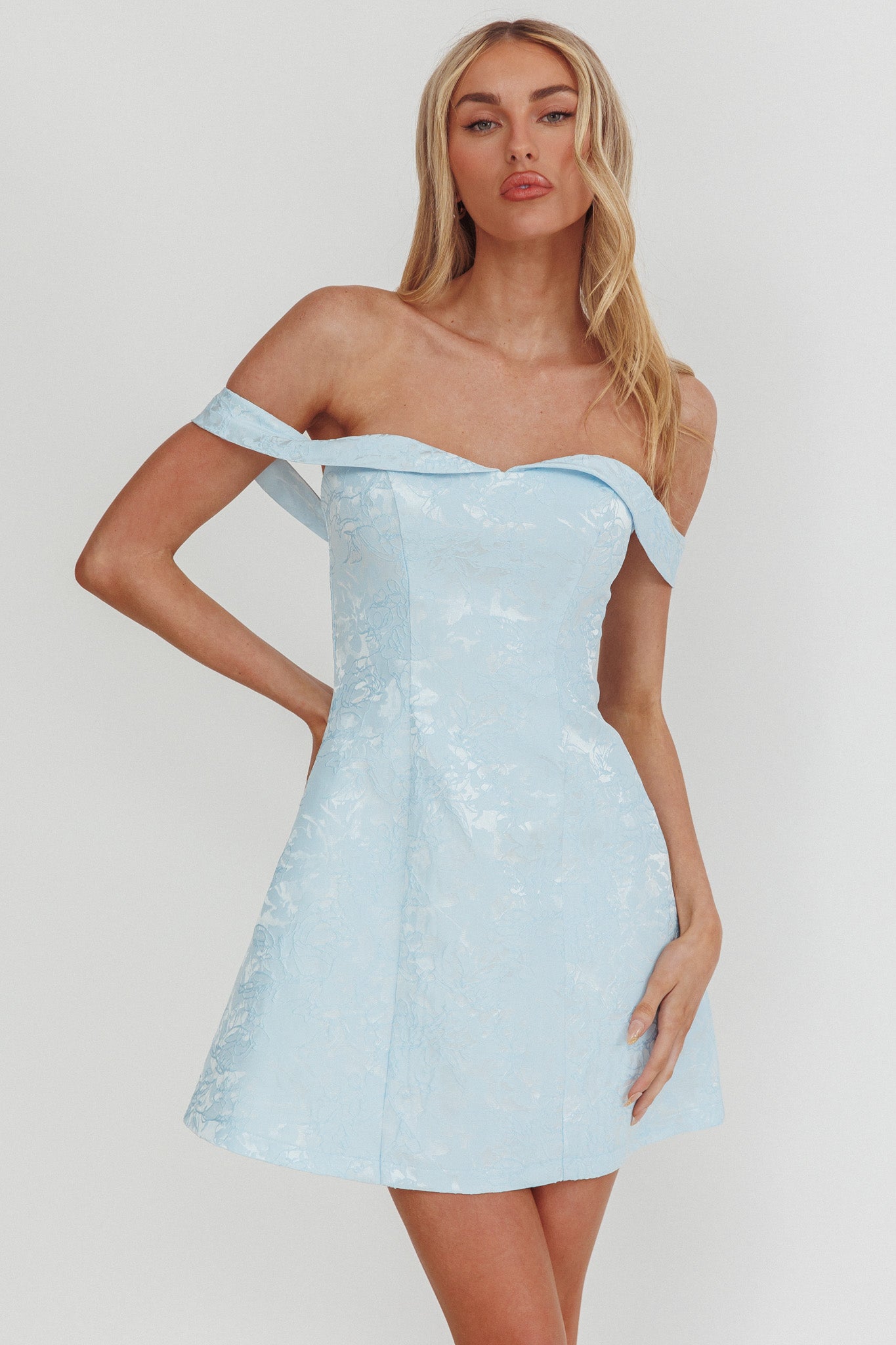 Mikado Off-Shoulder Foldover Mini Dress Jacquard Blue-Maymioy